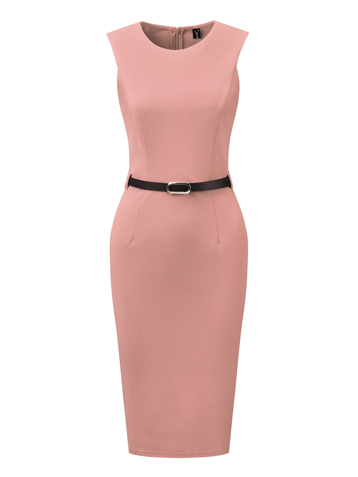 Belted Sheath Round Neck Sleeveless Casual Office Dress