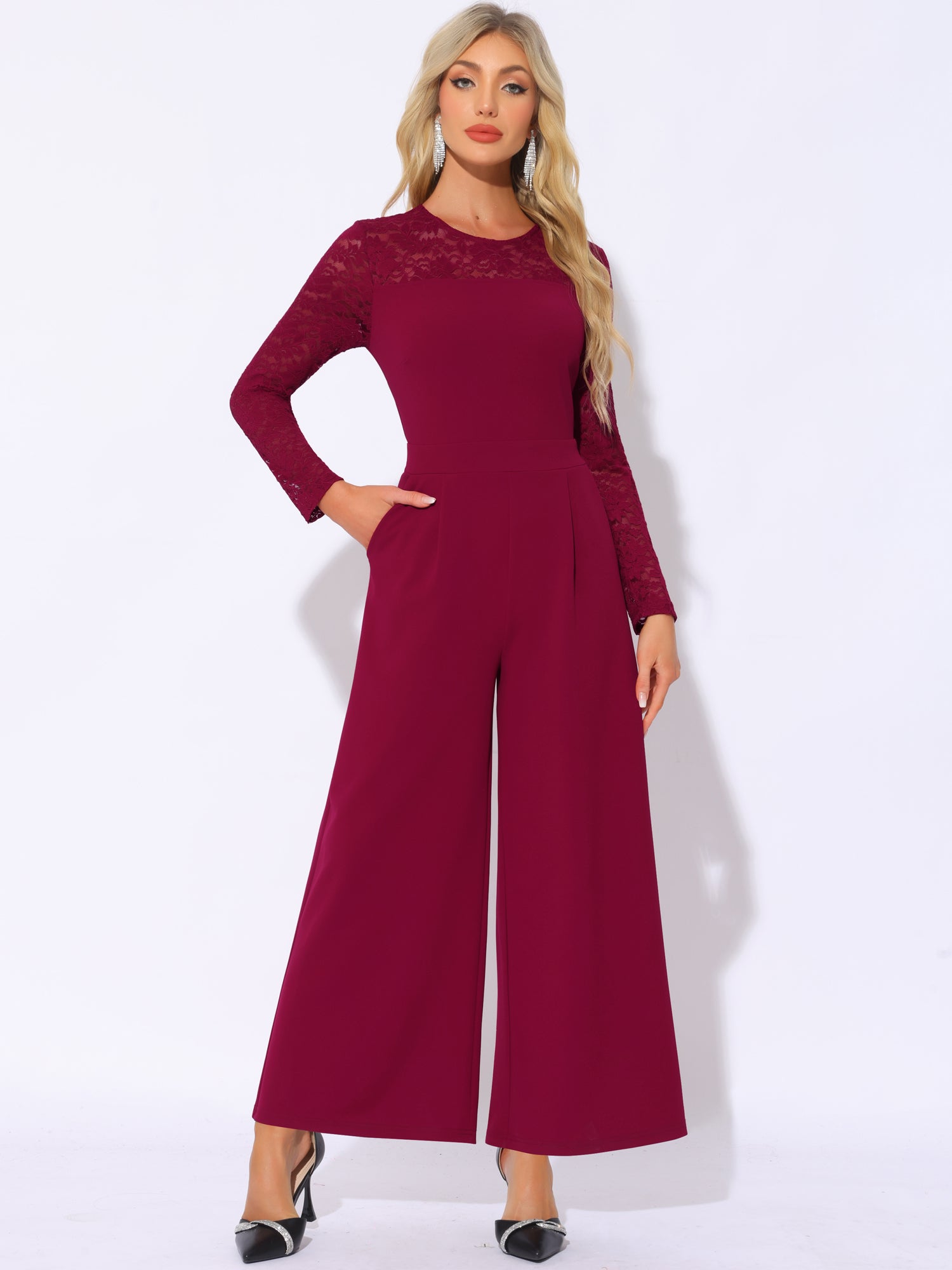 Crew Neck Mesh Lace Sleeve Wide Leg Jumpsuit