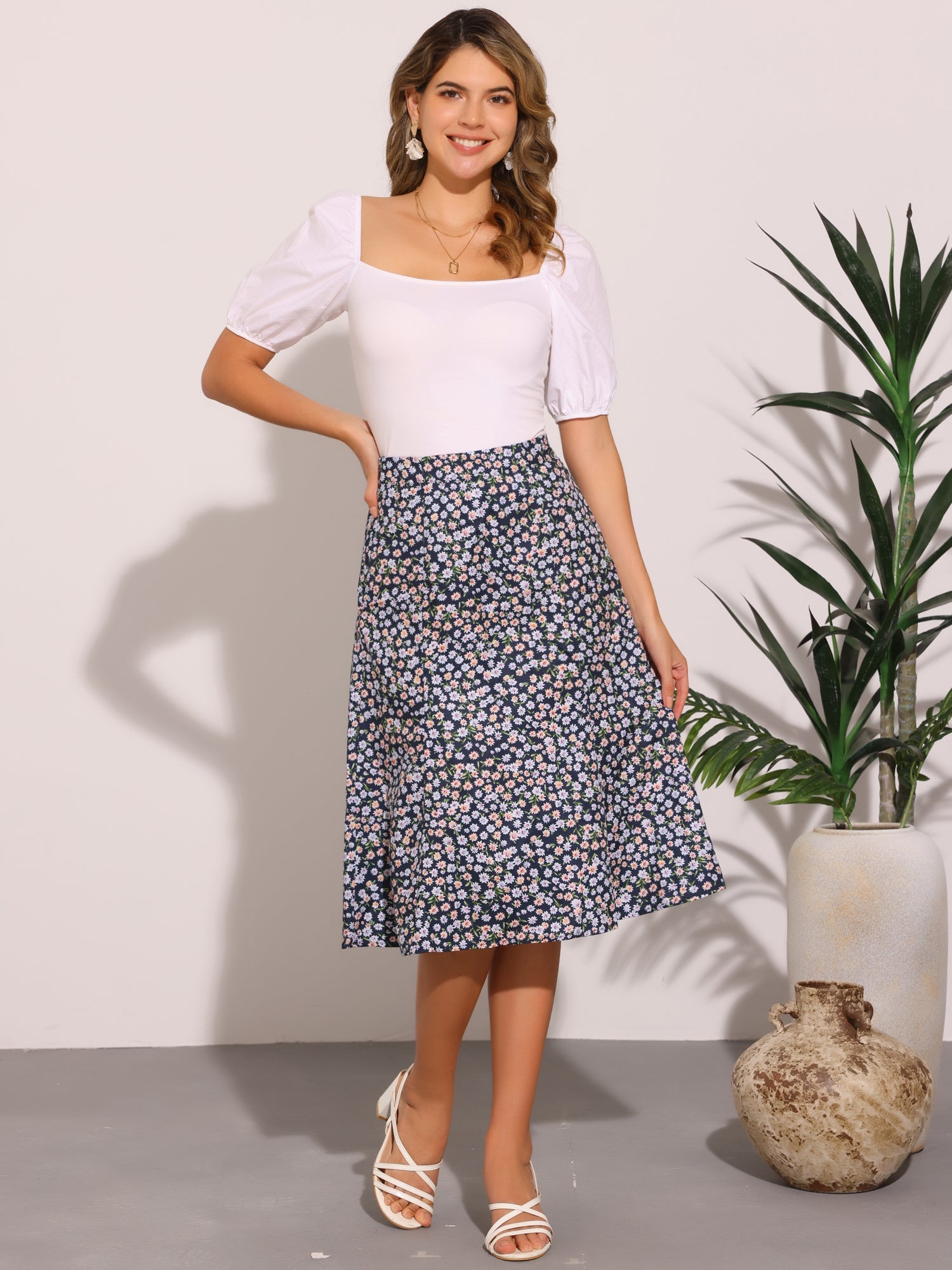 Floral Peasant Elastic Waist A-Line Ditsy Leave Midi Skirt