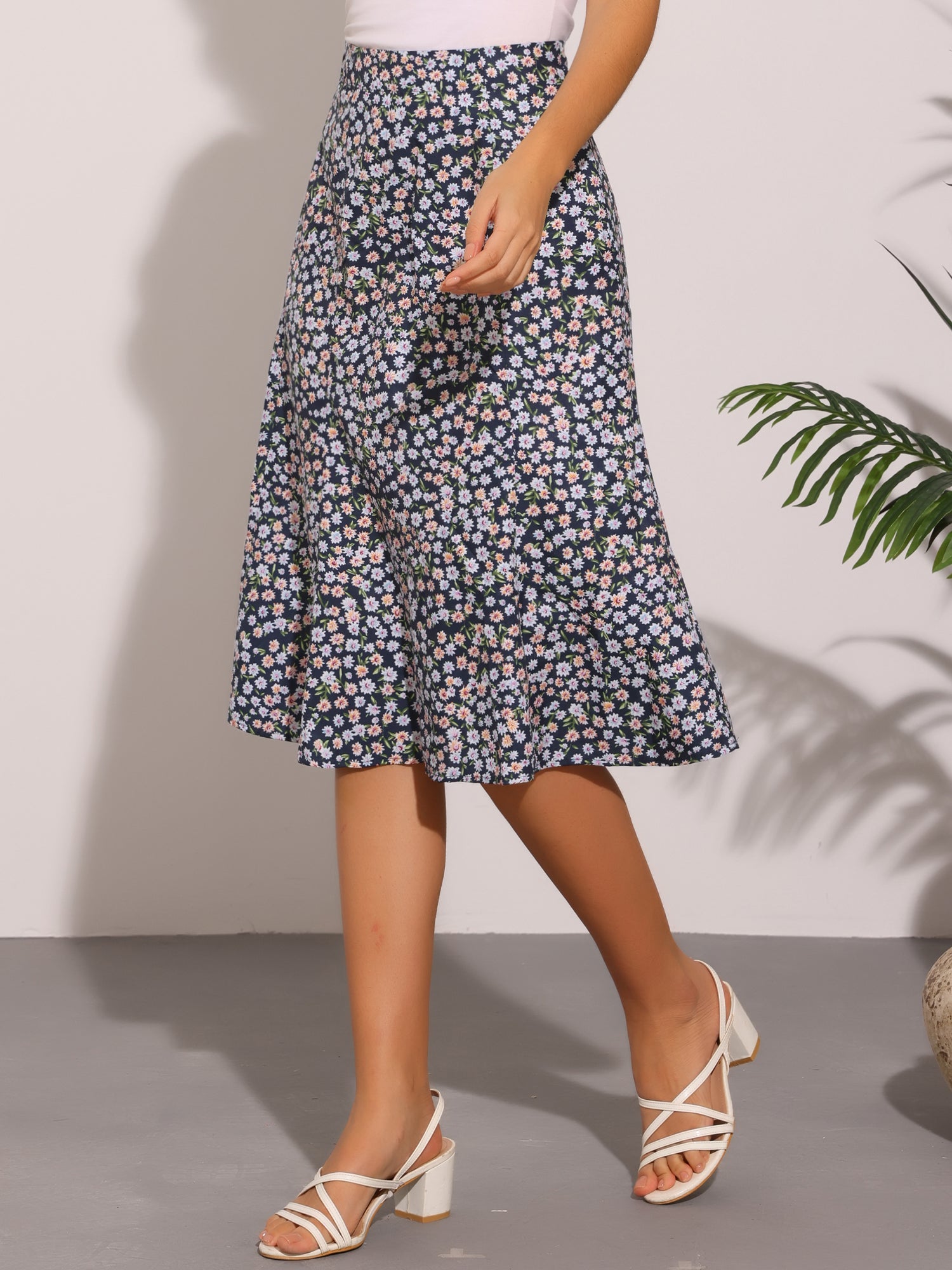 Floral Peasant Elastic Waist A-Line Ditsy Leave Midi Skirt