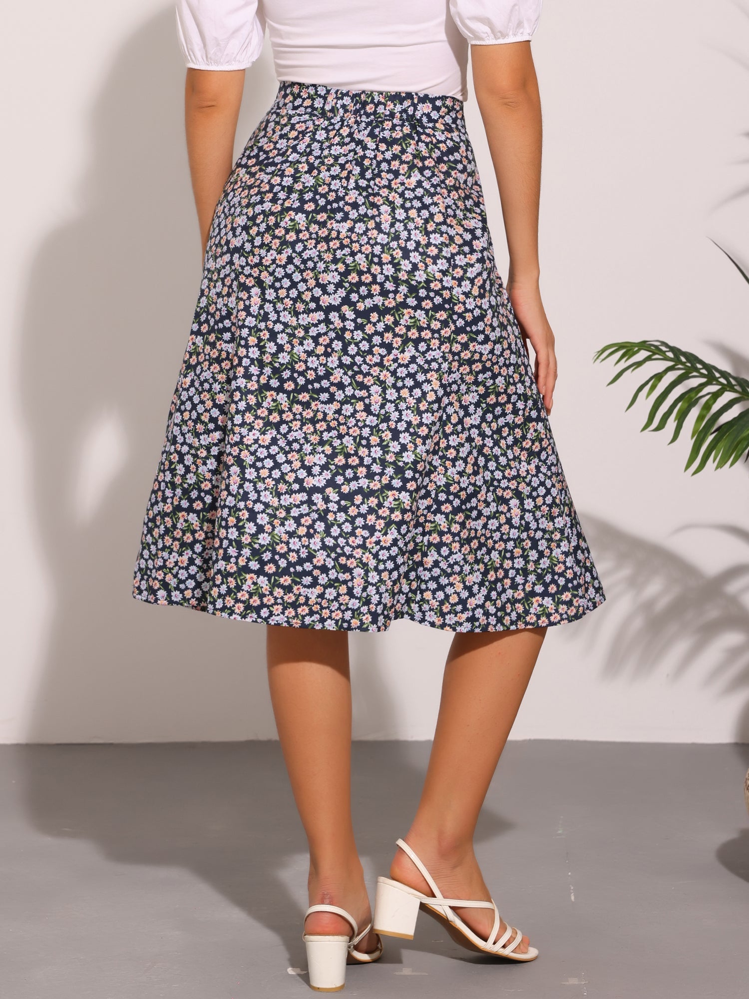 Floral Peasant Elastic Waist A-Line Ditsy Leave Midi Skirt
