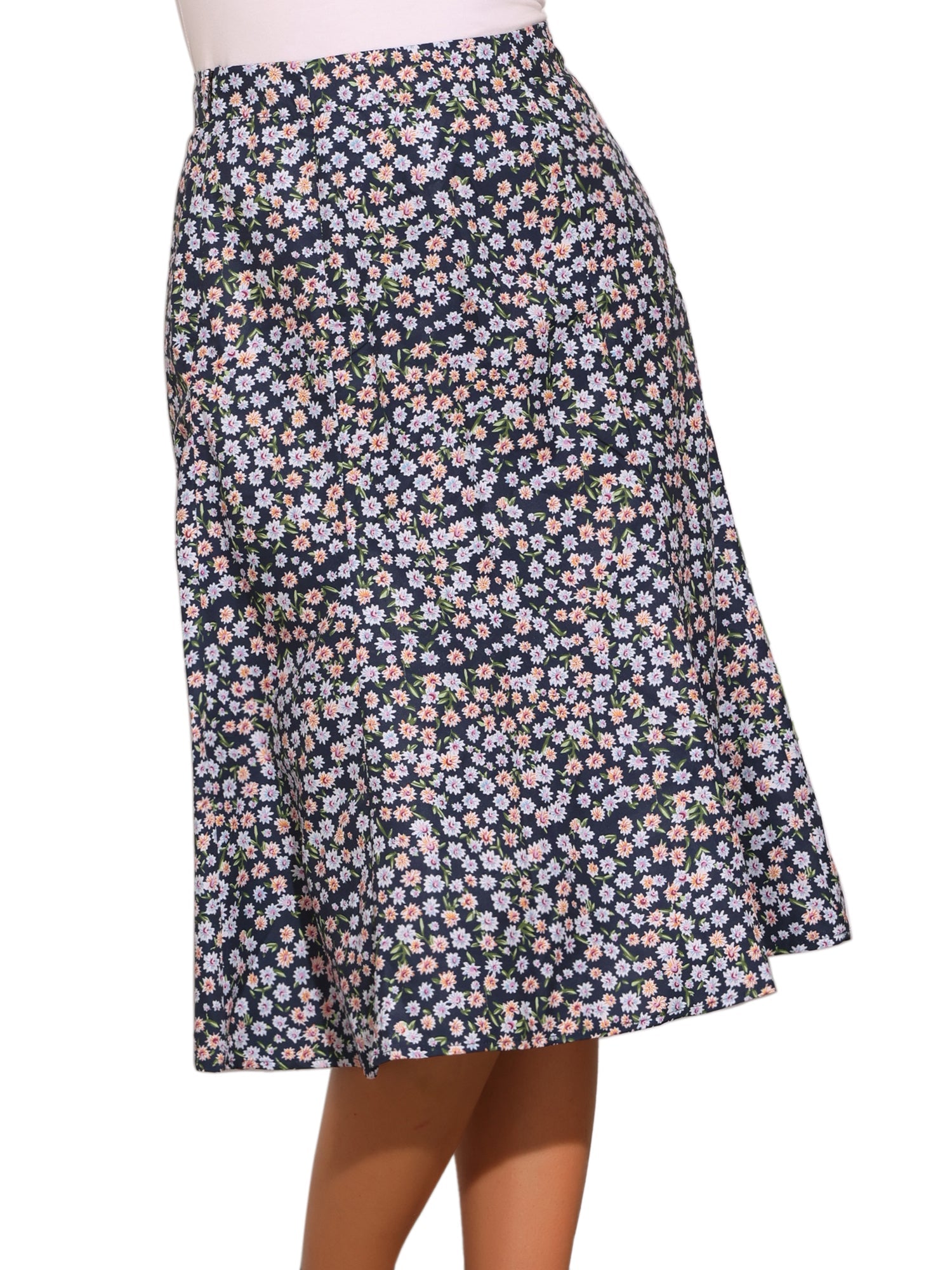 Floral Peasant Elastic Waist A-Line Ditsy Leave Midi Skirt