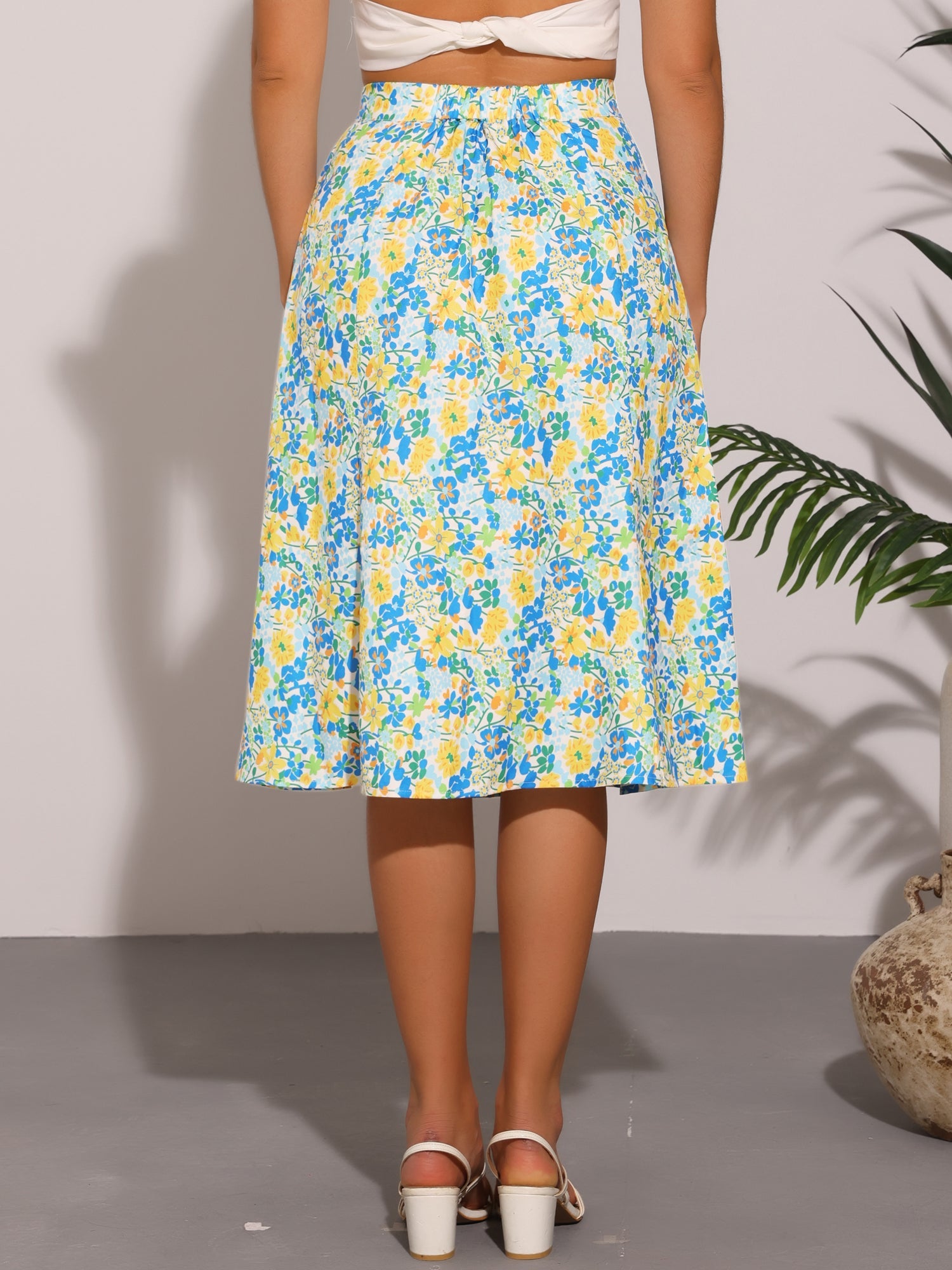 Floral Peasant Elastic Waist A-Line Ditsy Leave Midi Skirt