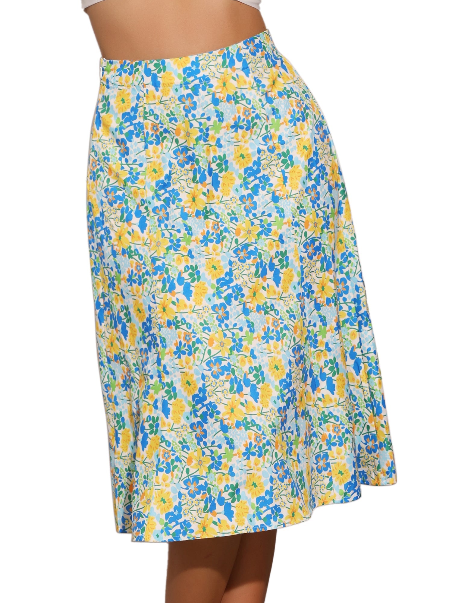 Floral Peasant Elastic Waist A-Line Ditsy Leave Midi Skirt