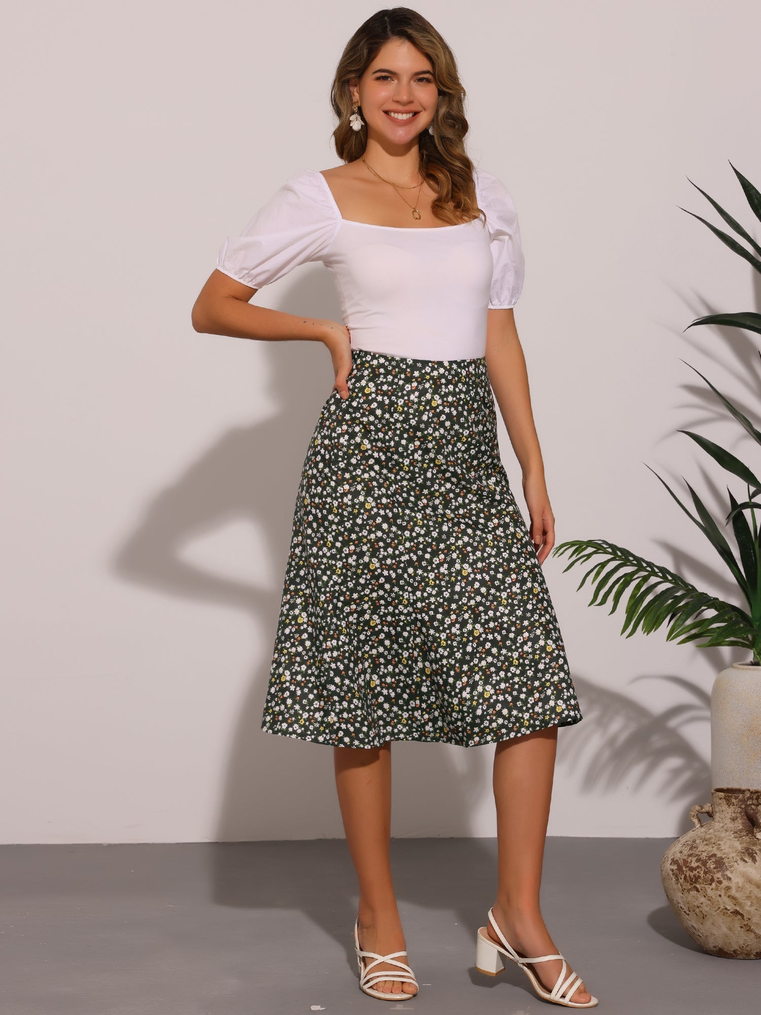 Floral Peasant Elastic Waist A-Line Ditsy Leave Midi Skirt