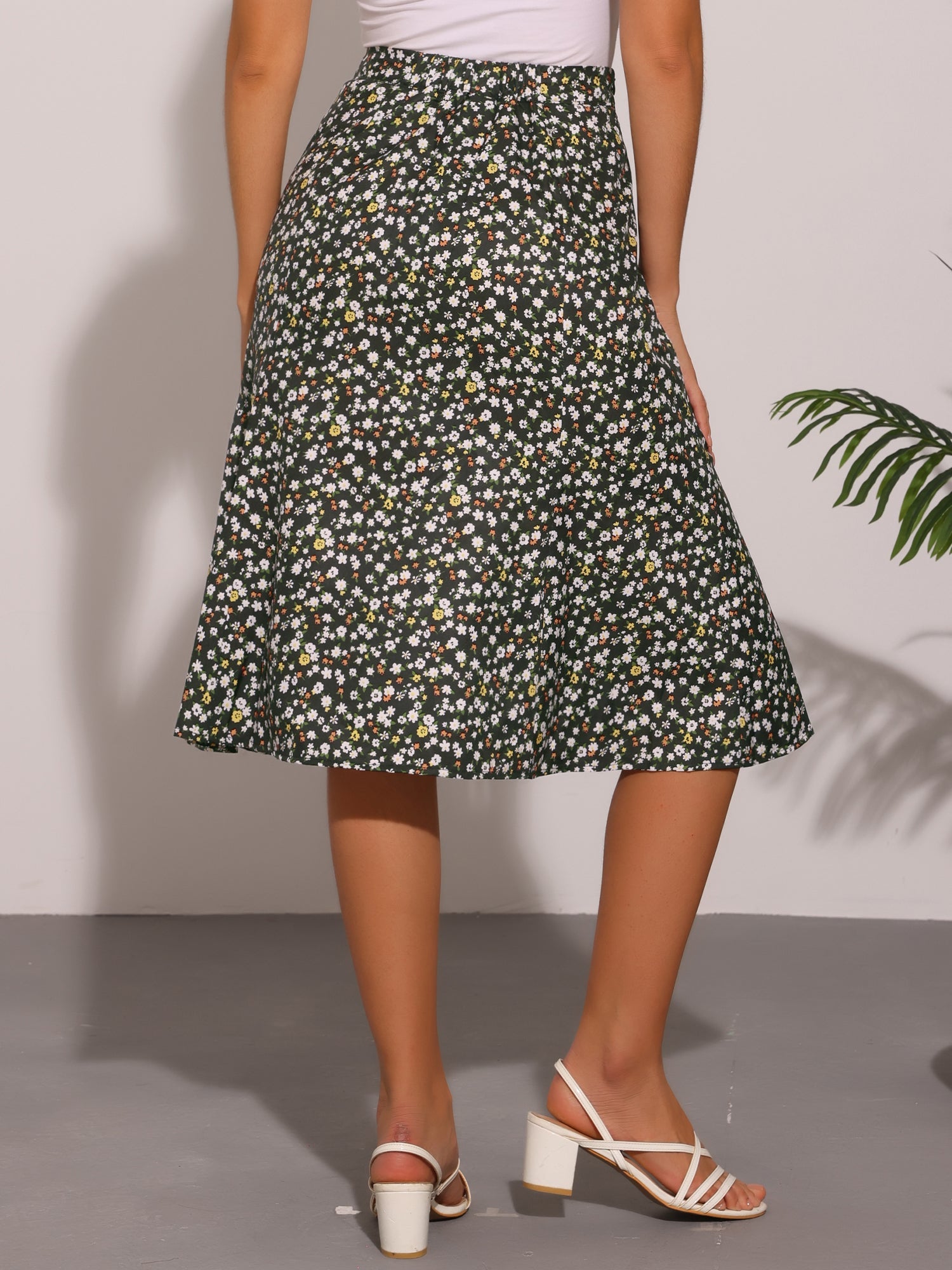 Floral Peasant Elastic Waist A-Line Ditsy Leave Midi Skirt