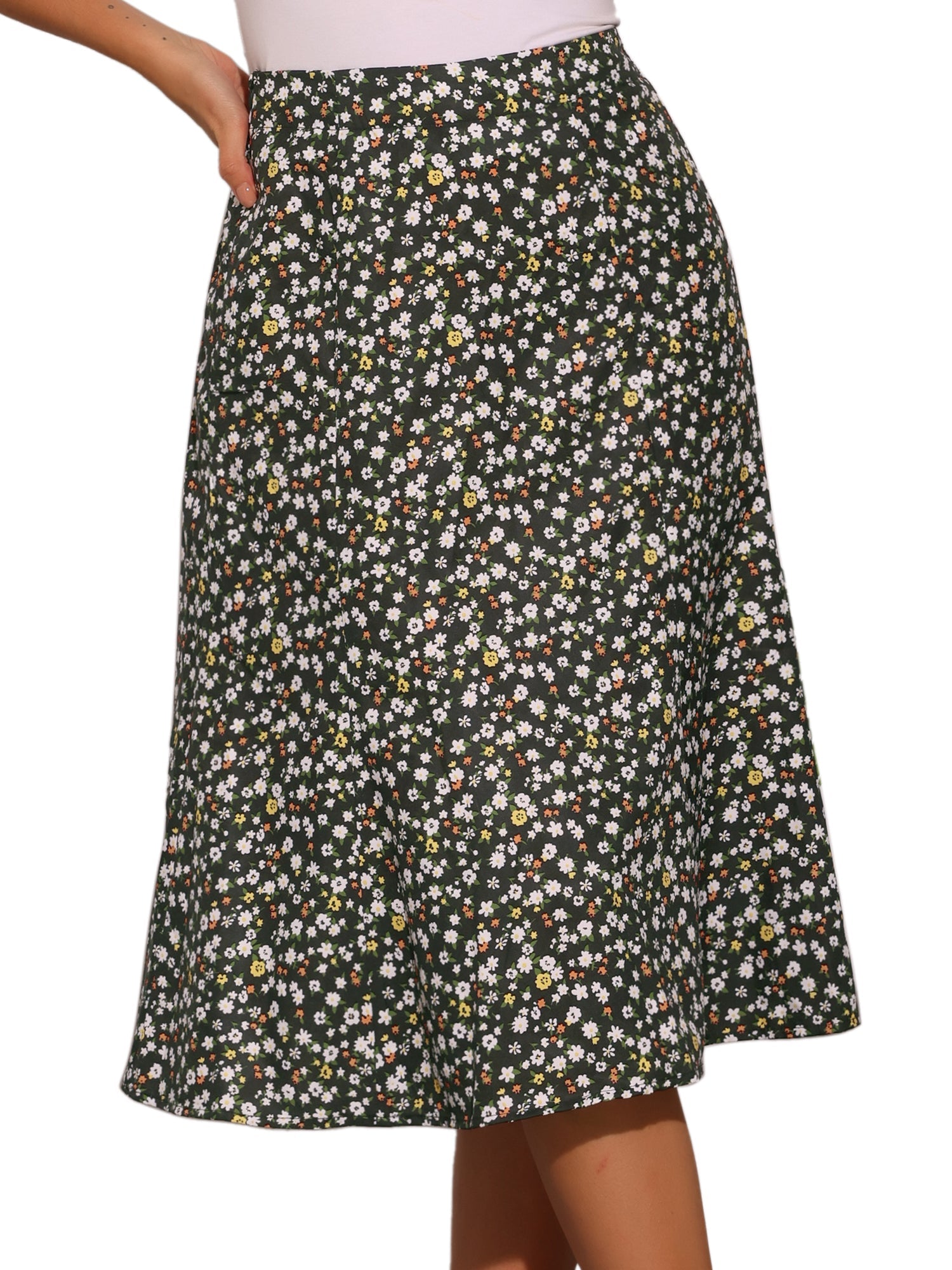 Floral Peasant Elastic Waist A-Line Ditsy Leave Midi Skirt