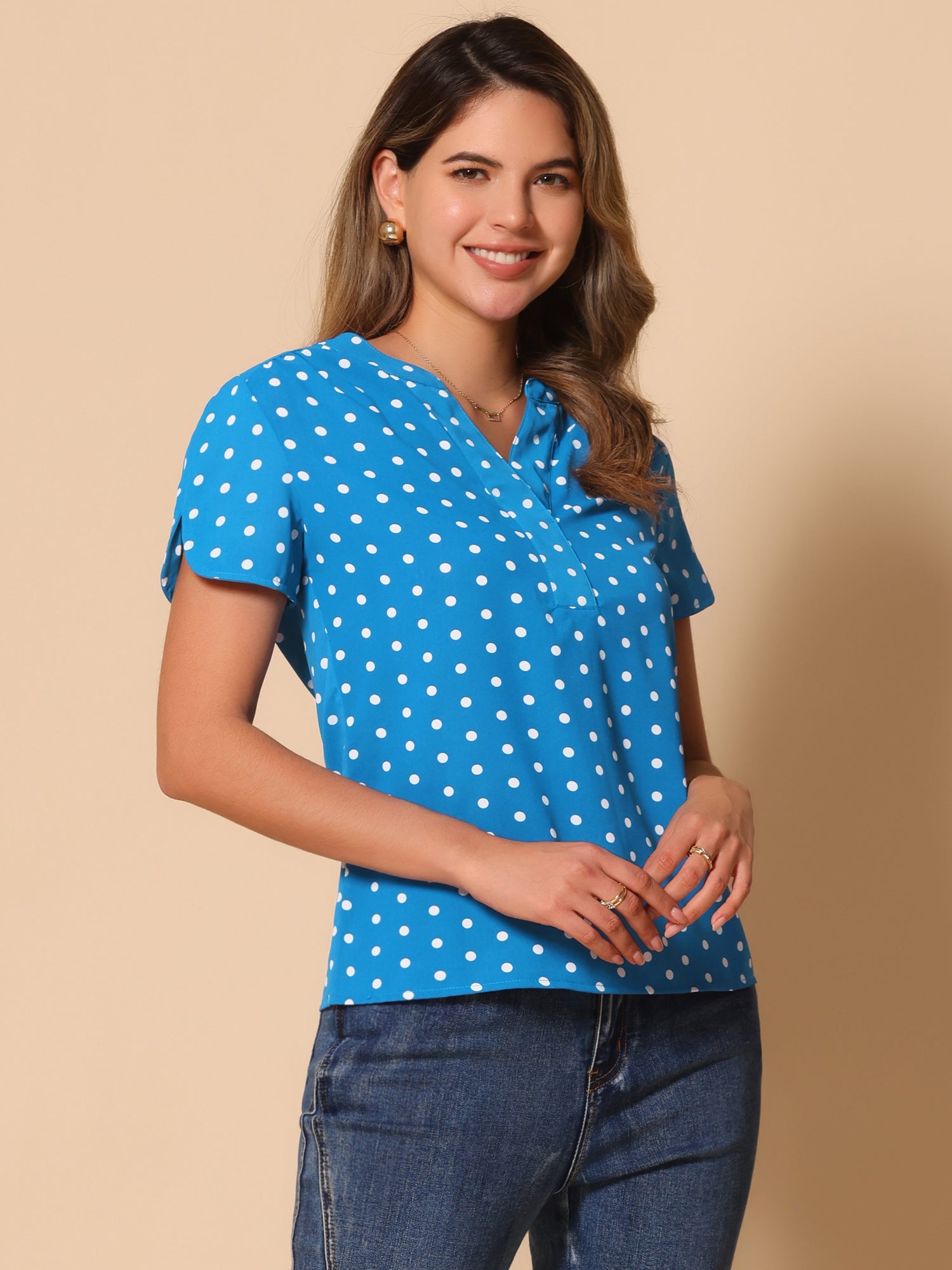 Polka Dots Print V Neck Short Sleeve Elegant Work Office Tops