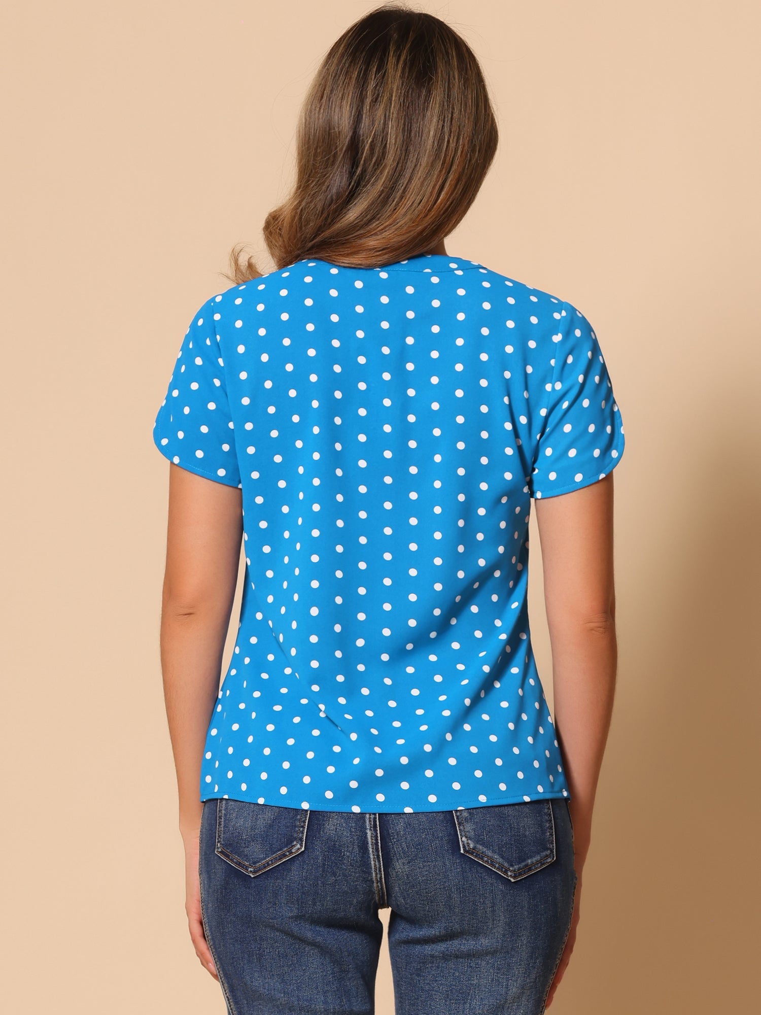 Polka Dots Print V Neck Short Sleeve Elegant Work Office Tops