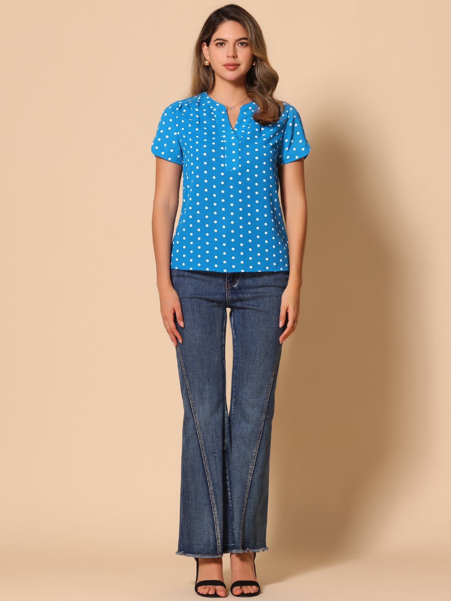 Polka Dots Print V Neck Short Sleeve Elegant Work Office Tops