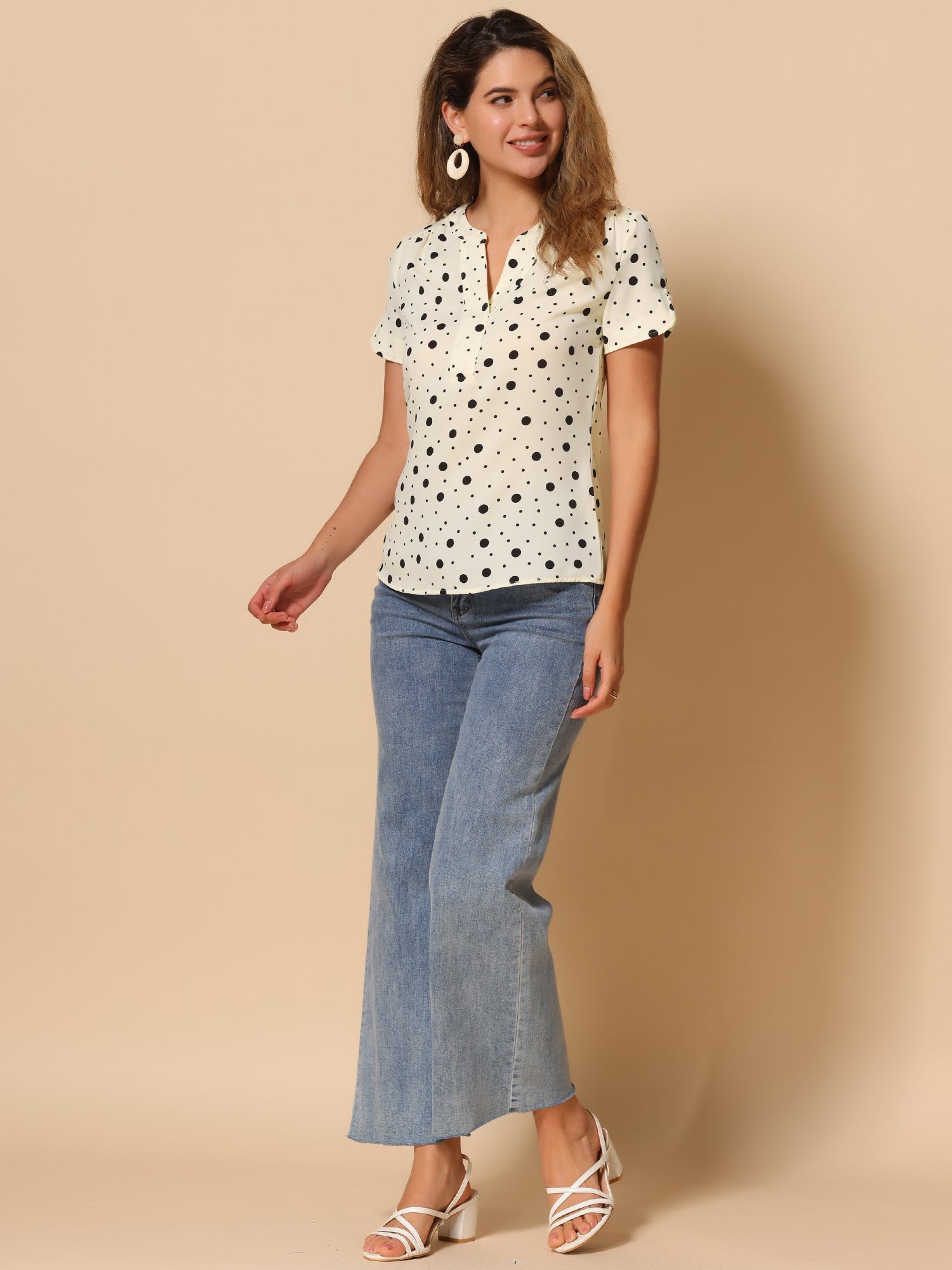 Polka Dots Print V Neck Short Sleeve Elegant Work Office Tops