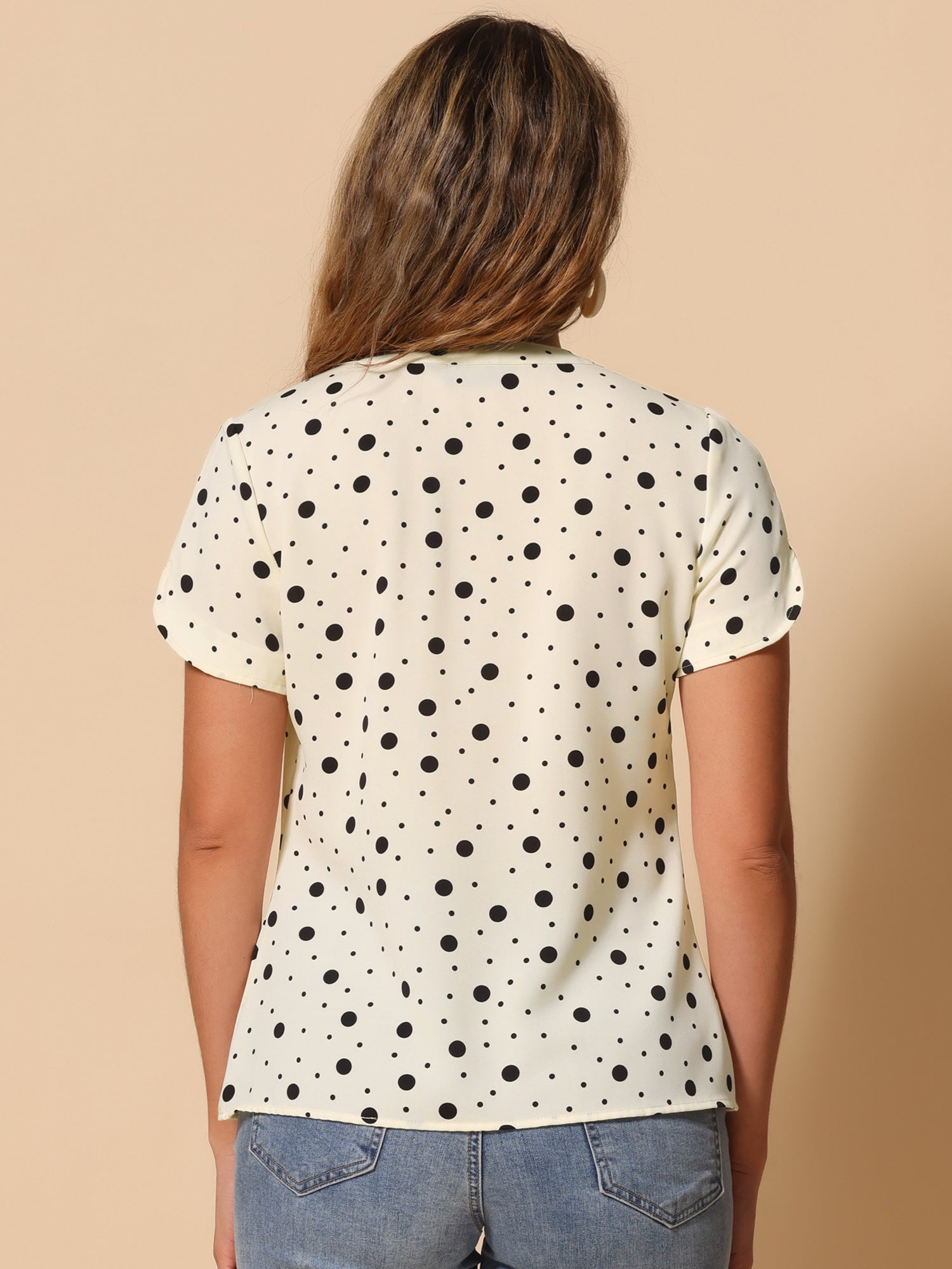 Polka Dots Print V Neck Short Sleeve Elegant Work Office Tops