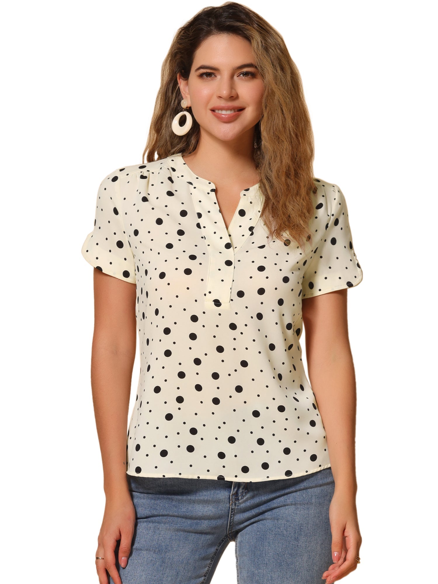 Polka Dots Print V Neck Short Sleeve Elegant Work Office Tops