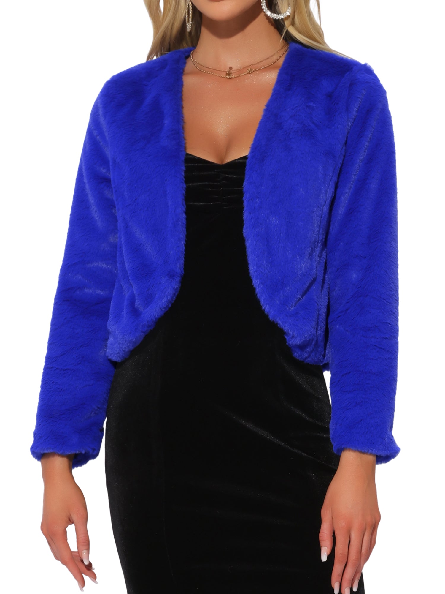 Faux Fur Long Sleeve Open Front Bolero Winter Coat Cropped Jacket