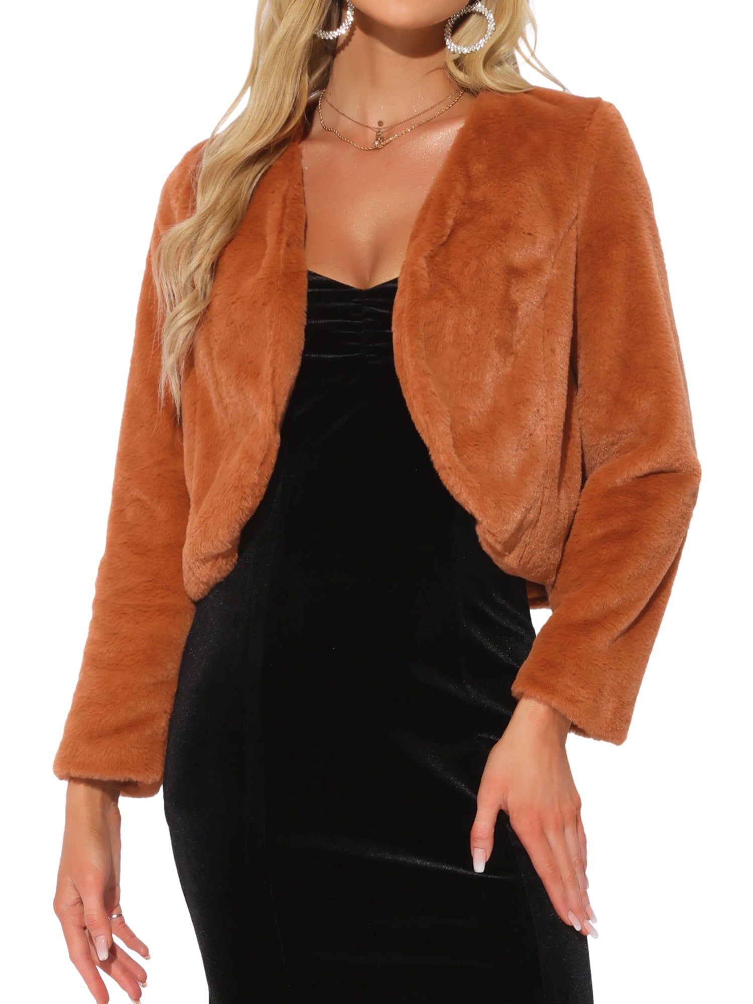 Long Sleeve Open Front Bolero Winter Cropped Faux Fur Jacket