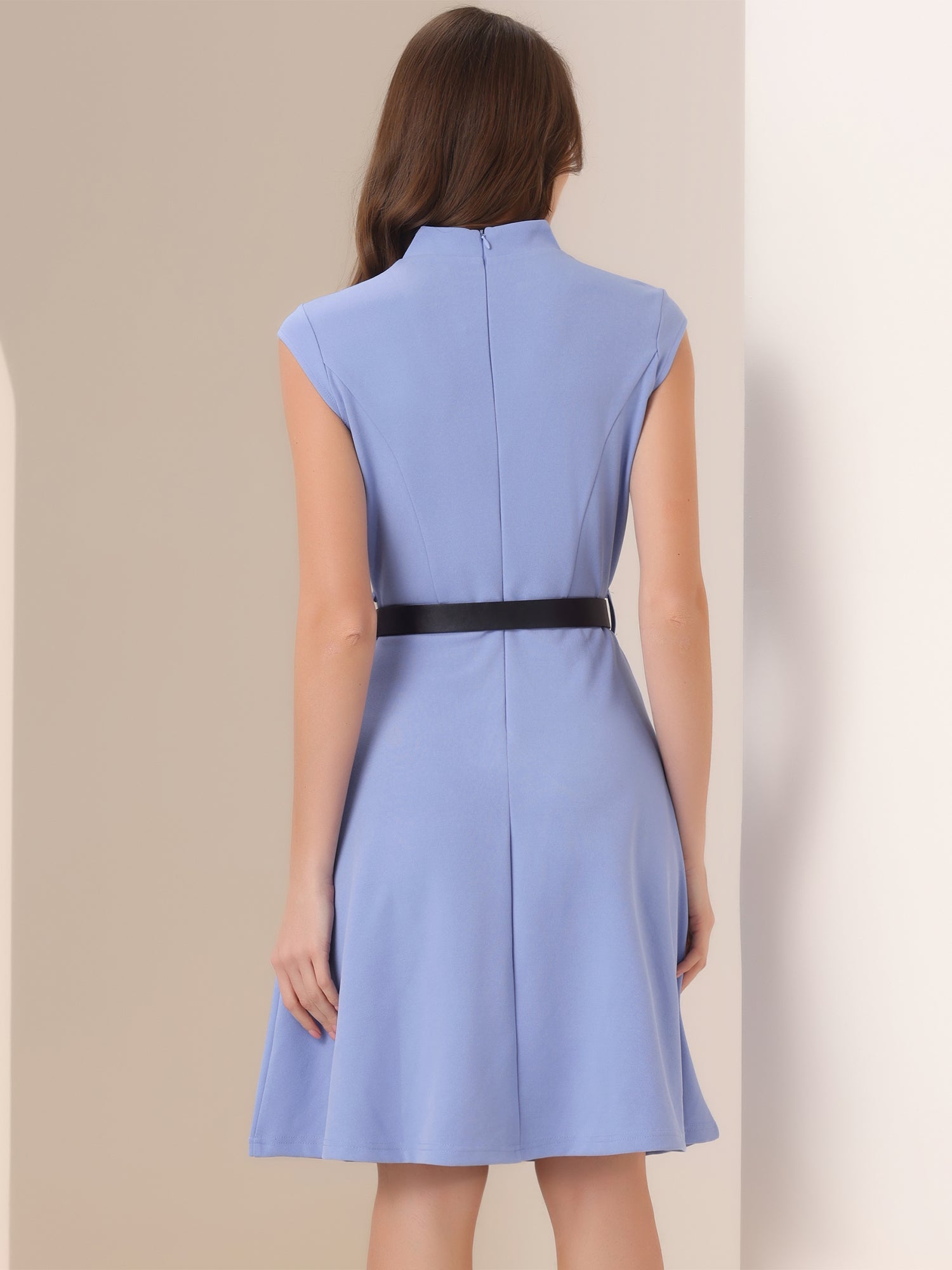 Office V Neck Work Sleeveless A-line Midi Solid Belted Dress