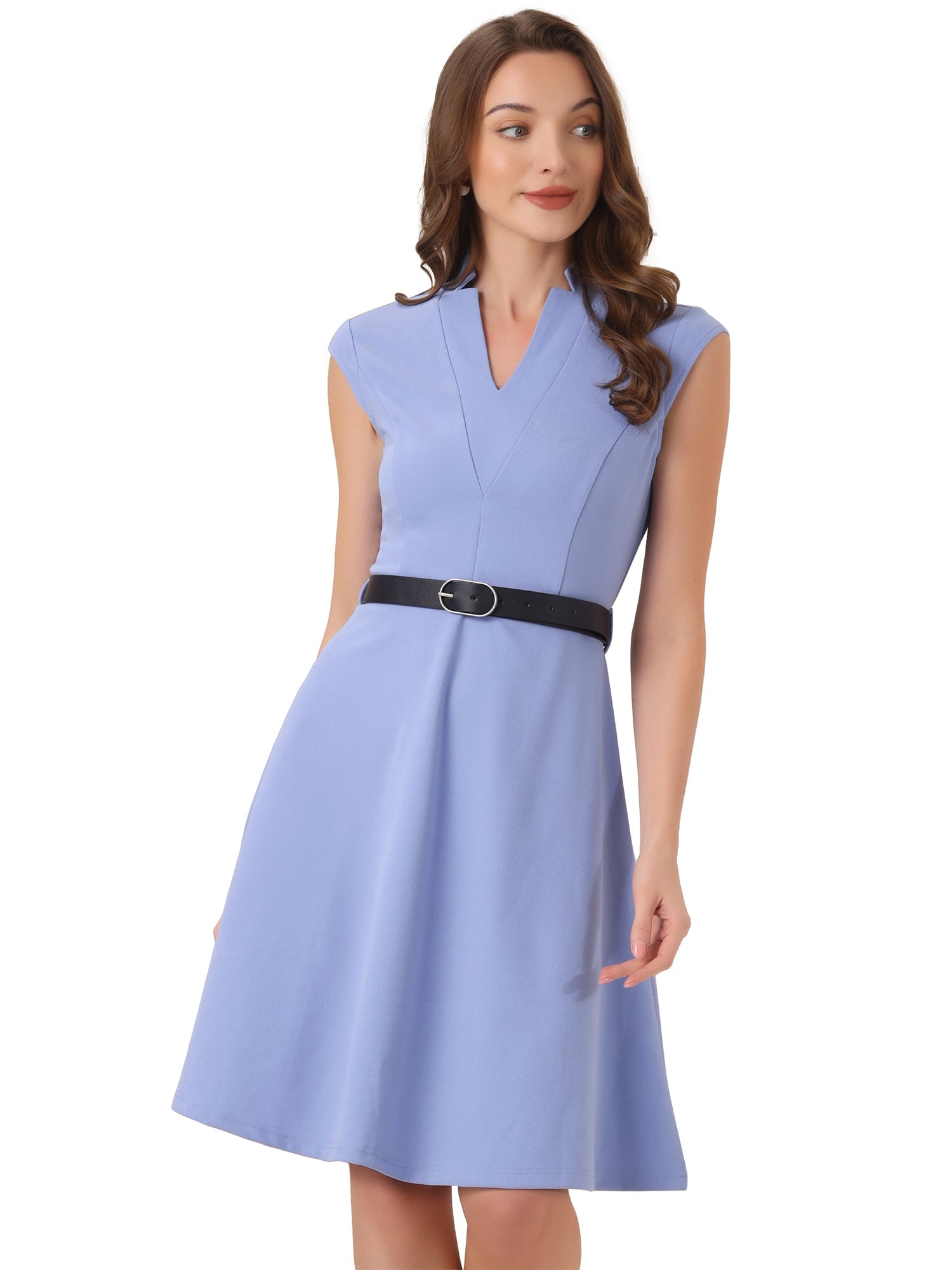 Office V Neck Work Sleeveless A-line Midi Solid Belted Dress