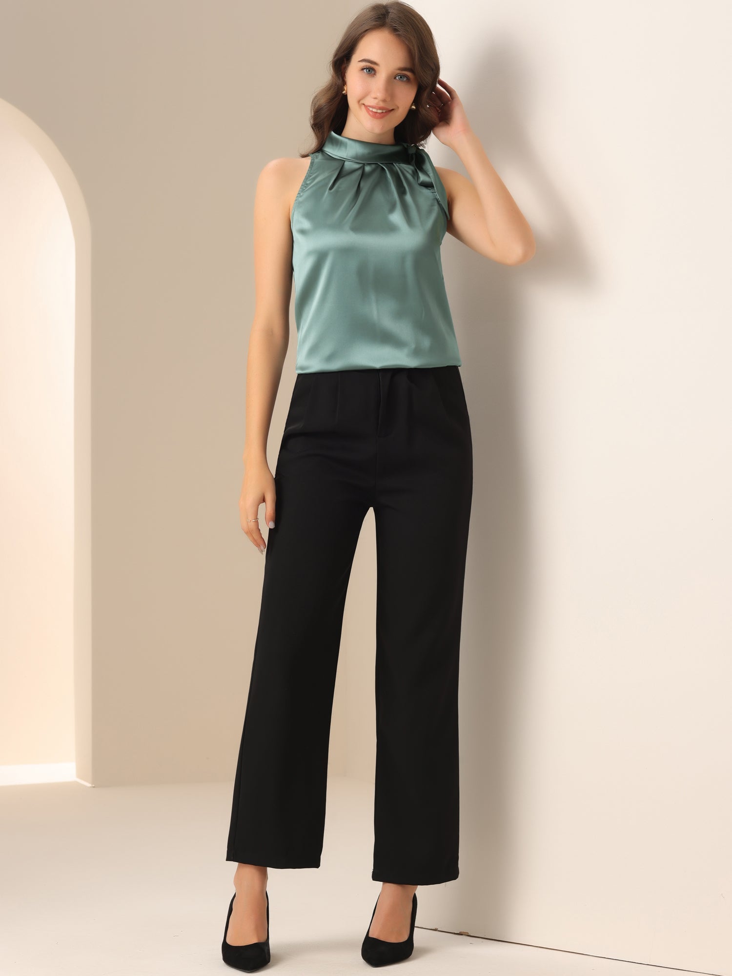 Elegant Satin Sleeveless Tie Knot Mock Neck Solid Work Blouse Top