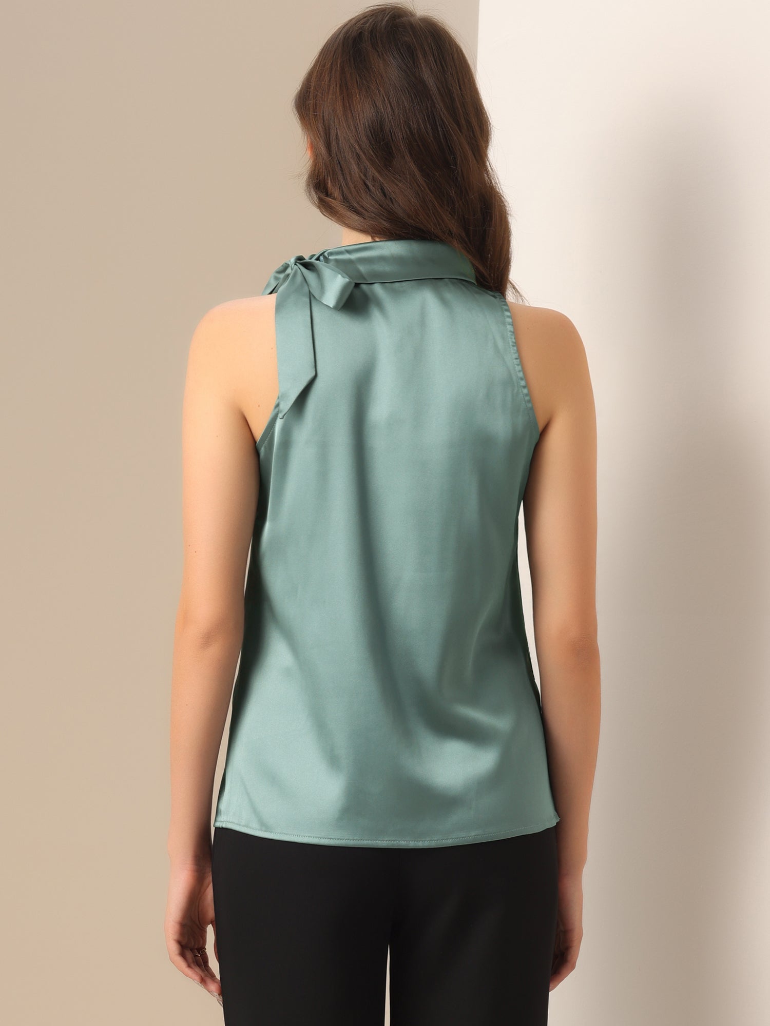Elegant Satin Sleeveless Tie Knot Mock Neck Solid Work Blouse Top