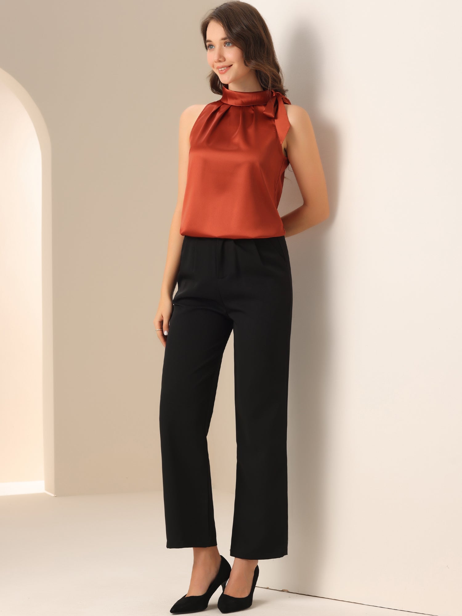 Elegant Satin Sleeveless Tie Knot Mock Neck Solid Work Blouse Top