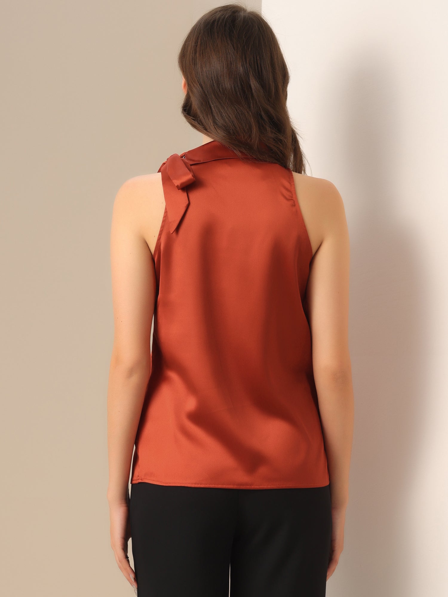 Elegant Satin Sleeveless Tie Knot Mock Neck Solid Work Blouse Top
