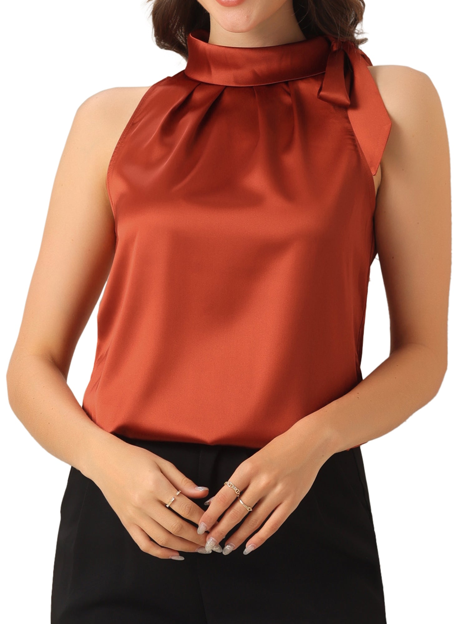 Elegant Satin Sleeveless Tie Knot Mock Neck Solid Work Blouse Top