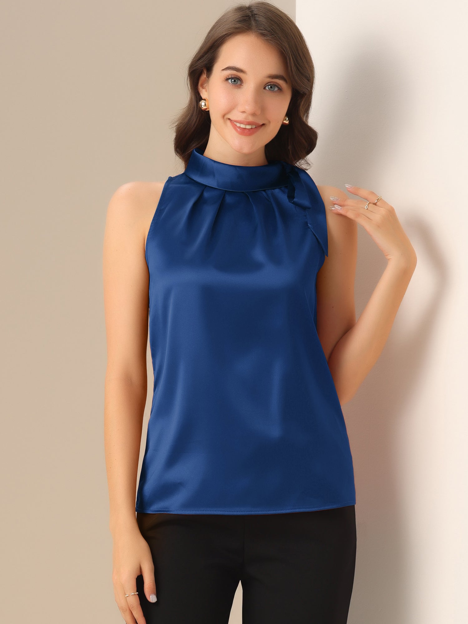 Elegant Satin Sleeveless Tie Knot Mock Neck Solid Work Blouse Top