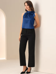 Elegant Satin Sleeveless Tie Knot Mock Neck Solid Work Blouse Top