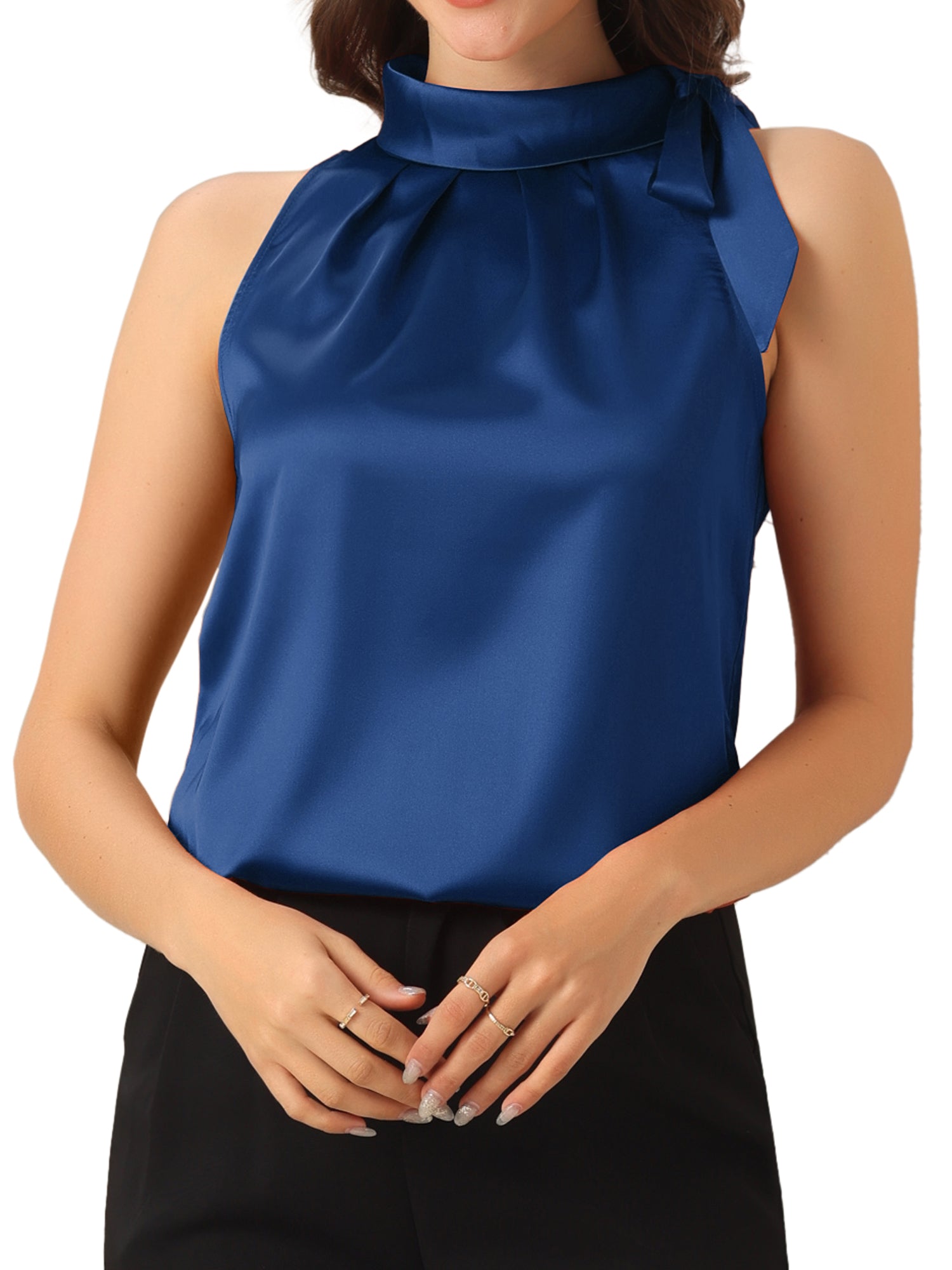 Elegant Satin Sleeveless Tie Knot Mock Neck Solid Work Blouse Top