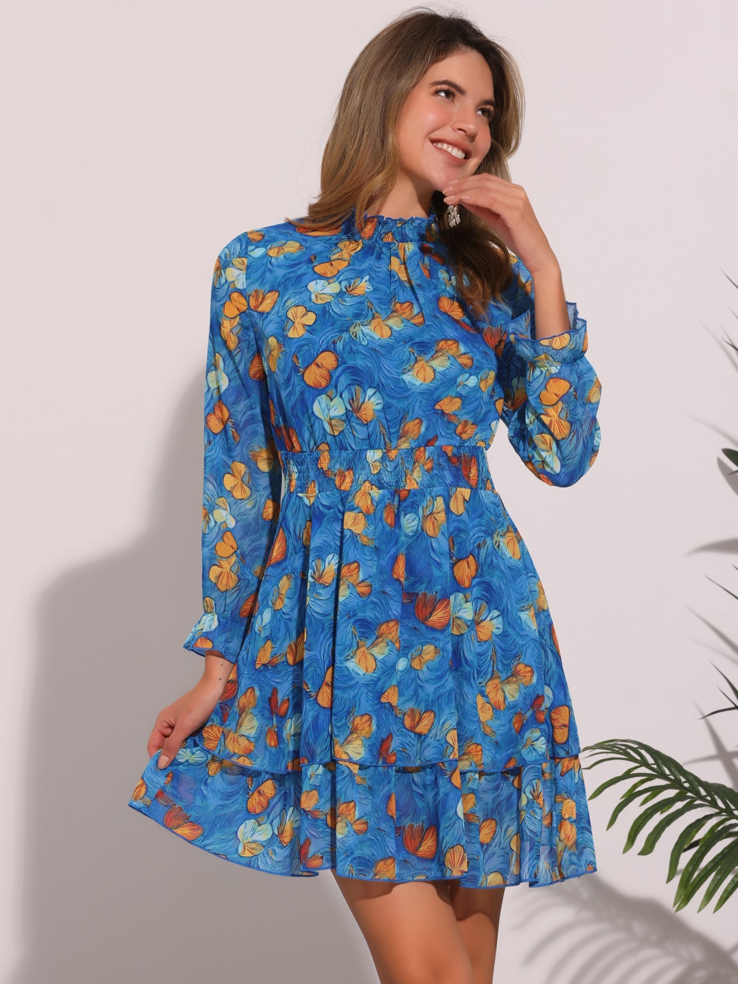 Floral Chiffon Long Sleeve Mock Neck Ruffle Layered Mini Dress
