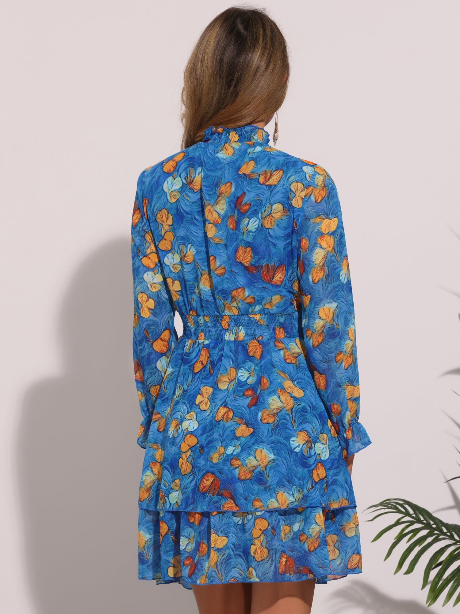 Floral Chiffon Long Sleeve Mock Neck Ruffle Layered Mini Dress