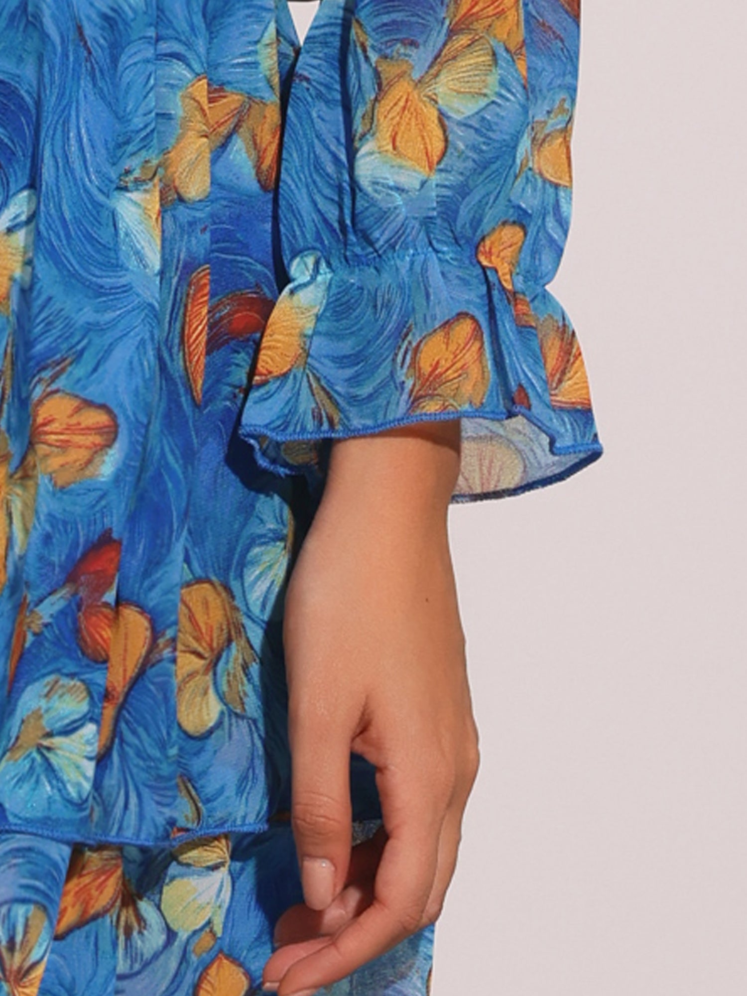 Floral Chiffon Long Sleeve Mock Neck Ruffle Layered Mini Dress