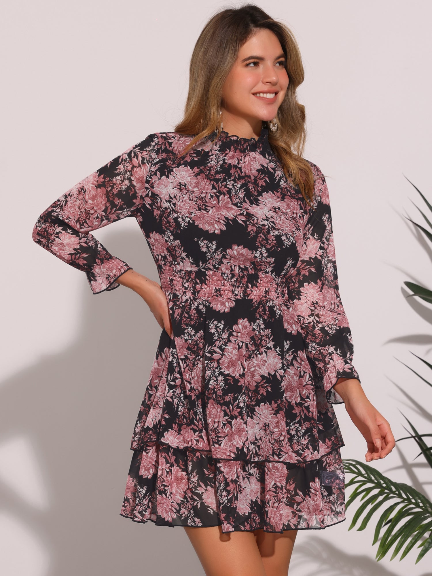 Floral Chiffon Long Sleeve Mock Neck Ruffle Layered Mini Dress