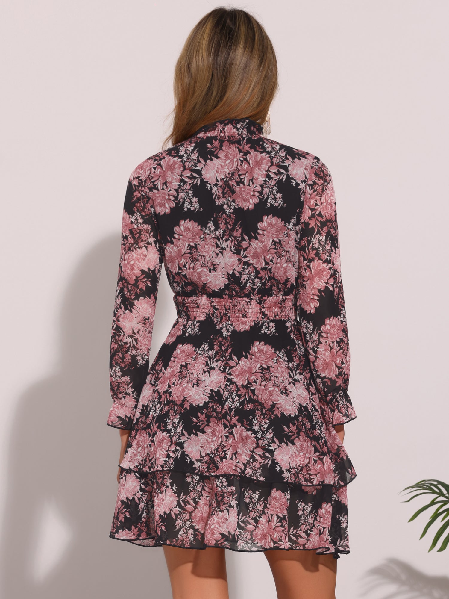 Floral Chiffon Long Sleeve Mock Neck Ruffle Layered Mini Dress