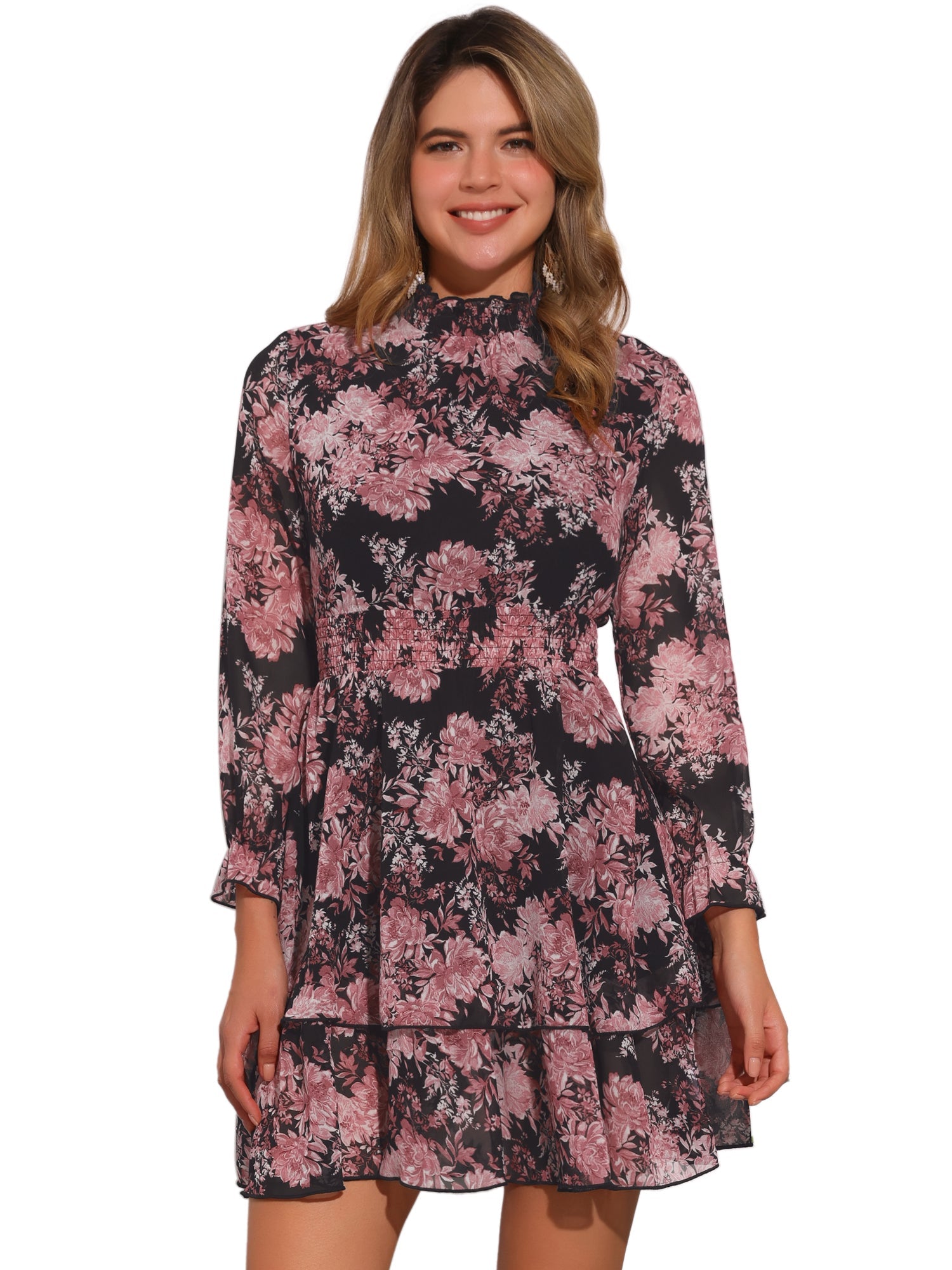 Floral Chiffon Long Sleeve Mock Neck Ruffle Layered Mini Dress