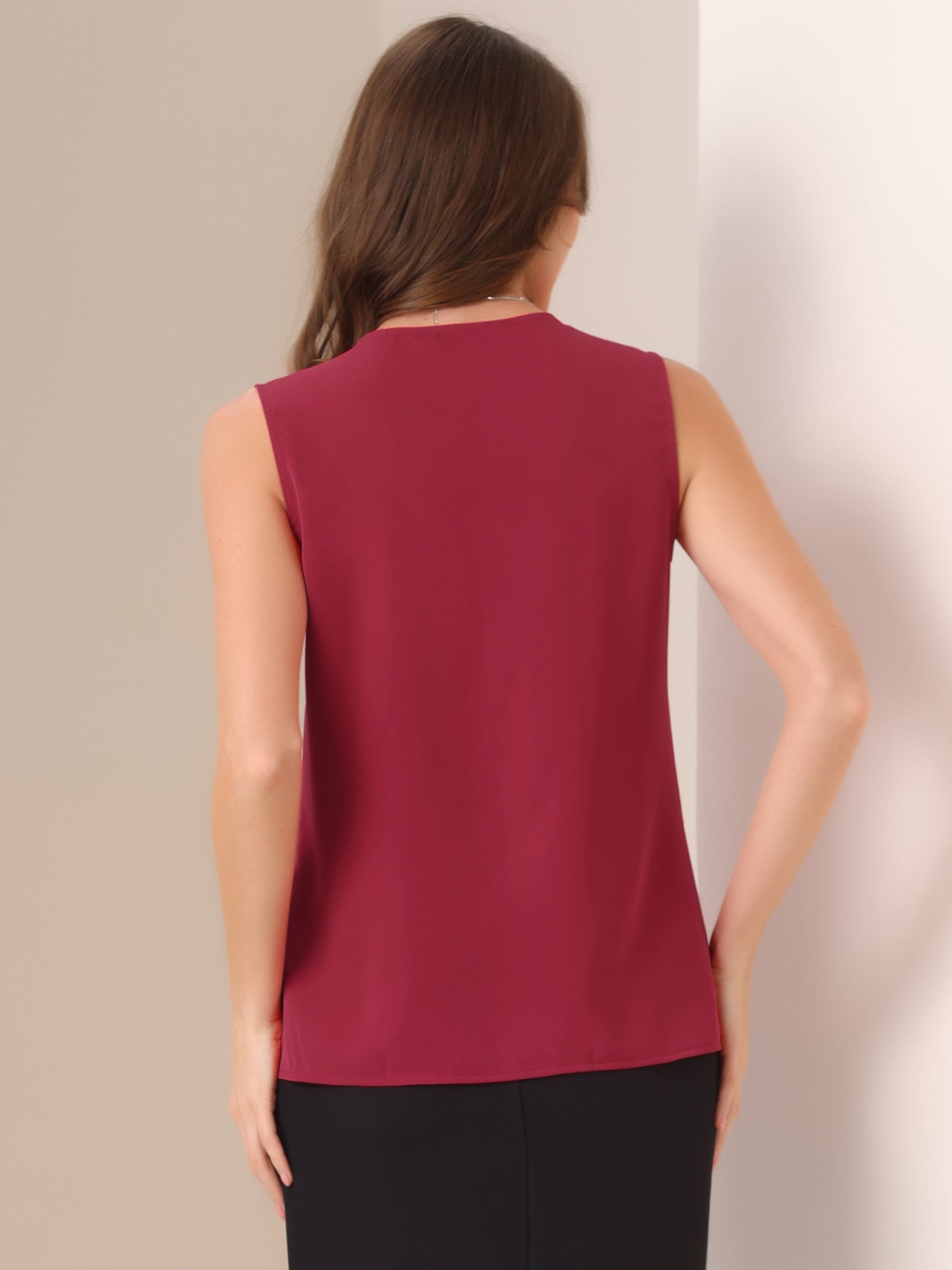 Sleeveless Work Top Pleated Chiffon V Neck Blouse