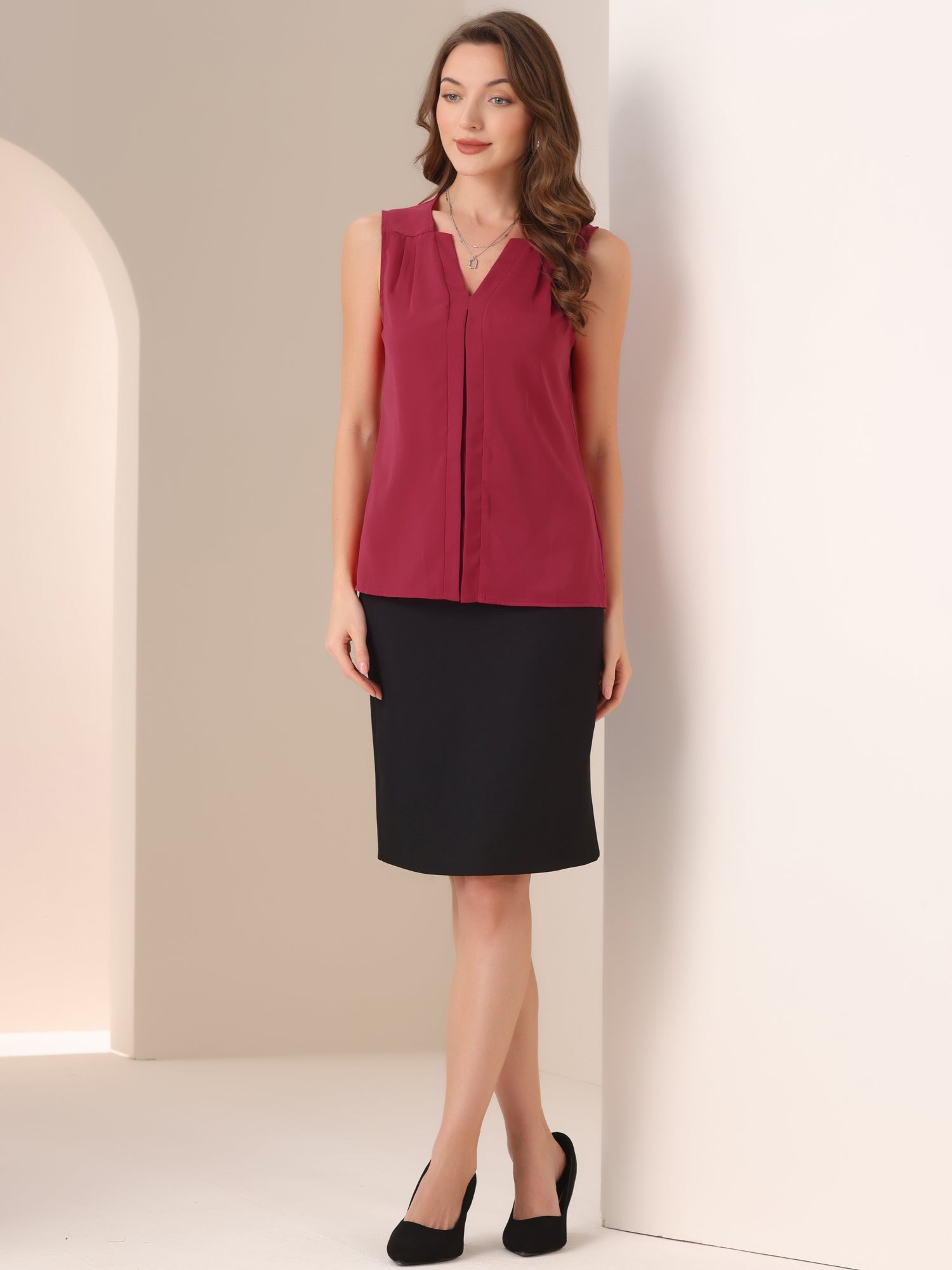 Sleeveless Work Top Pleated Chiffon V Neck Blouse