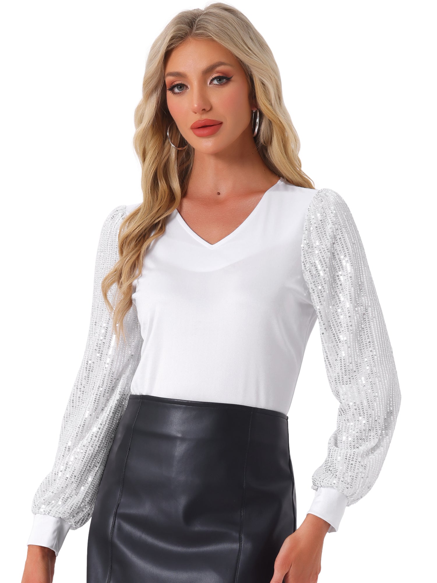 Glitter Sequin Long Sleeve V Neck Casual Blouse