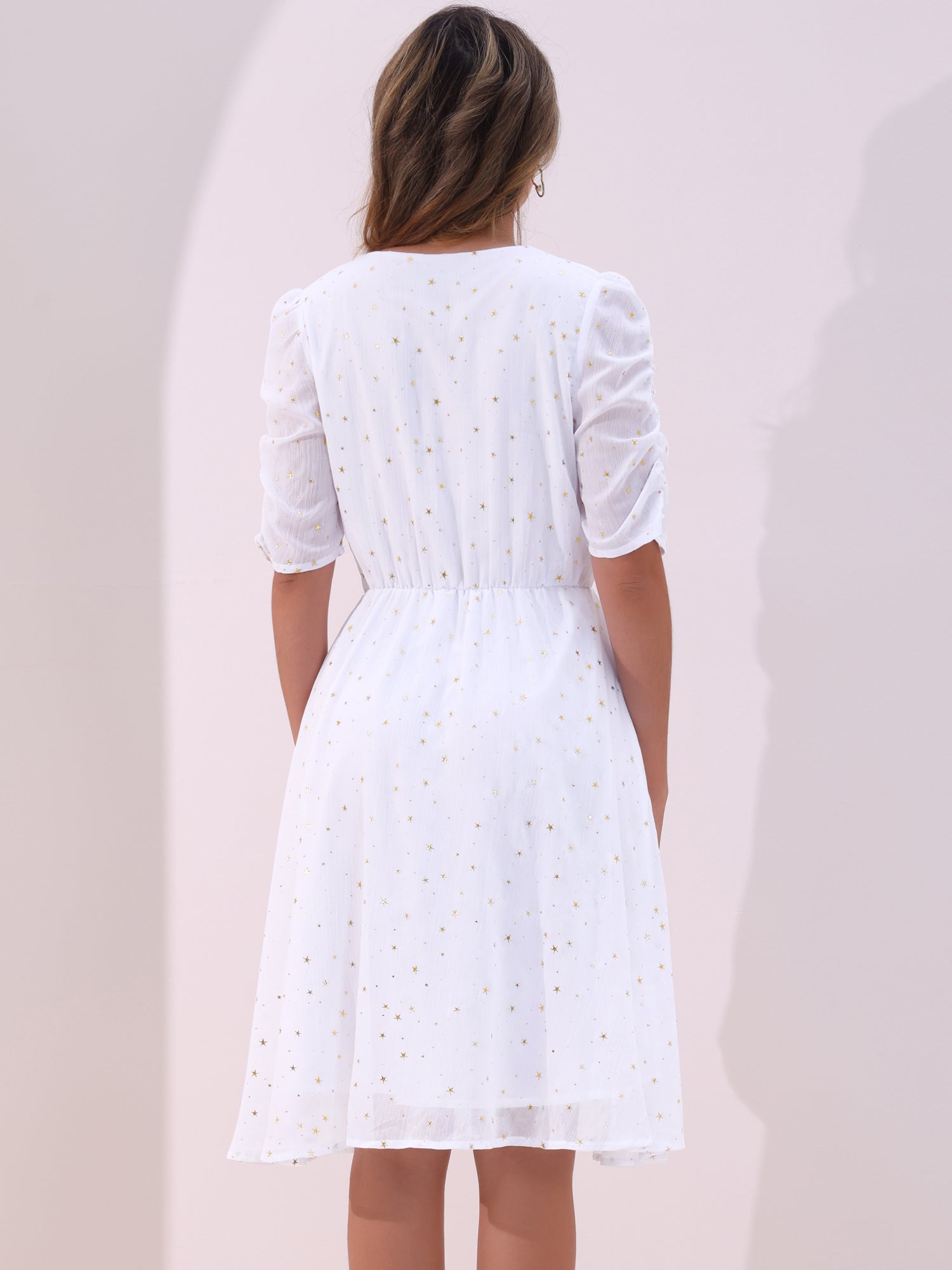 Metallic Stars Ruched Sleeve V Neck A-line Chiffon Dress