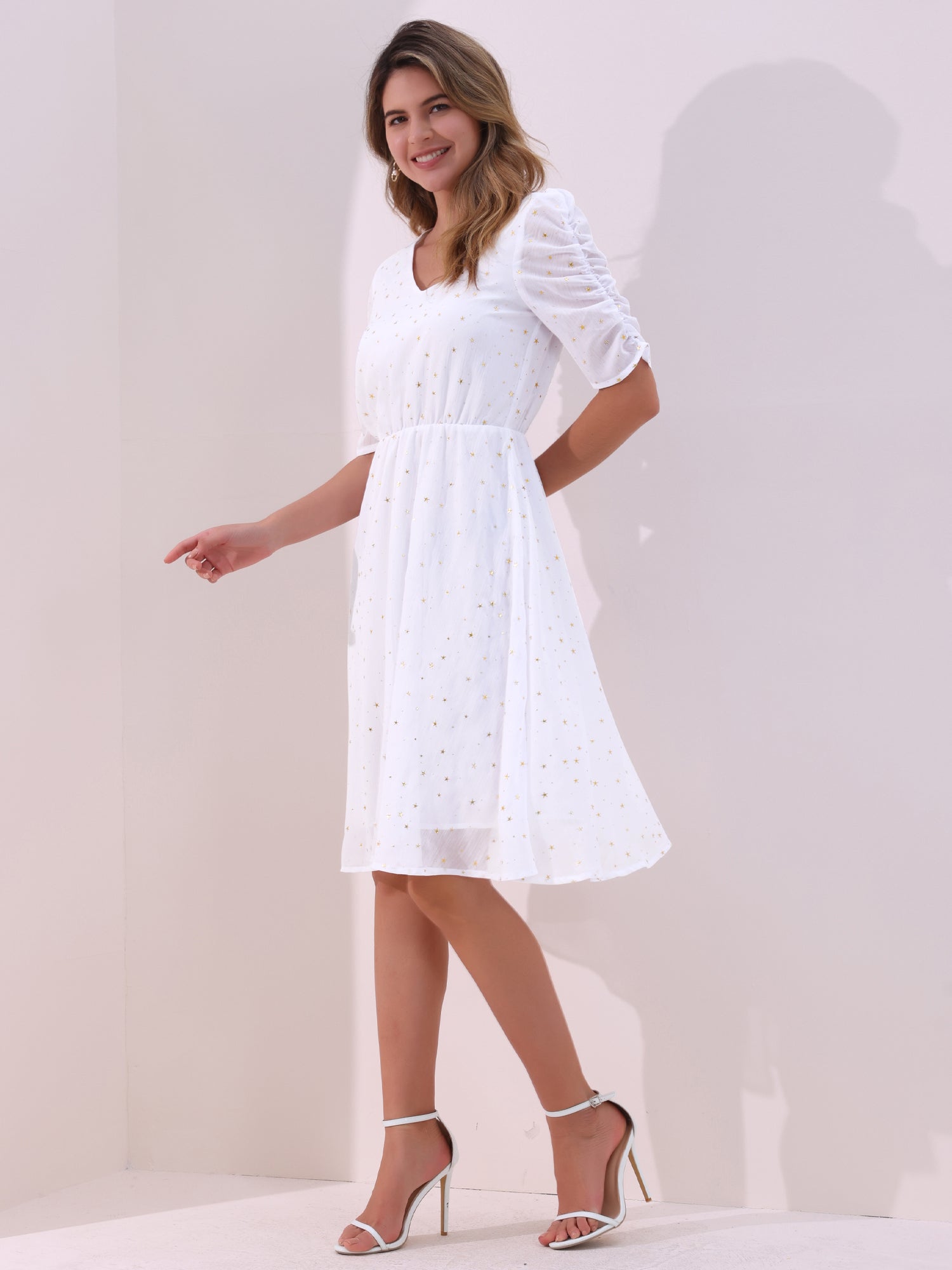 Metallic Stars Ruched Sleeve V Neck A-line Chiffon Dress