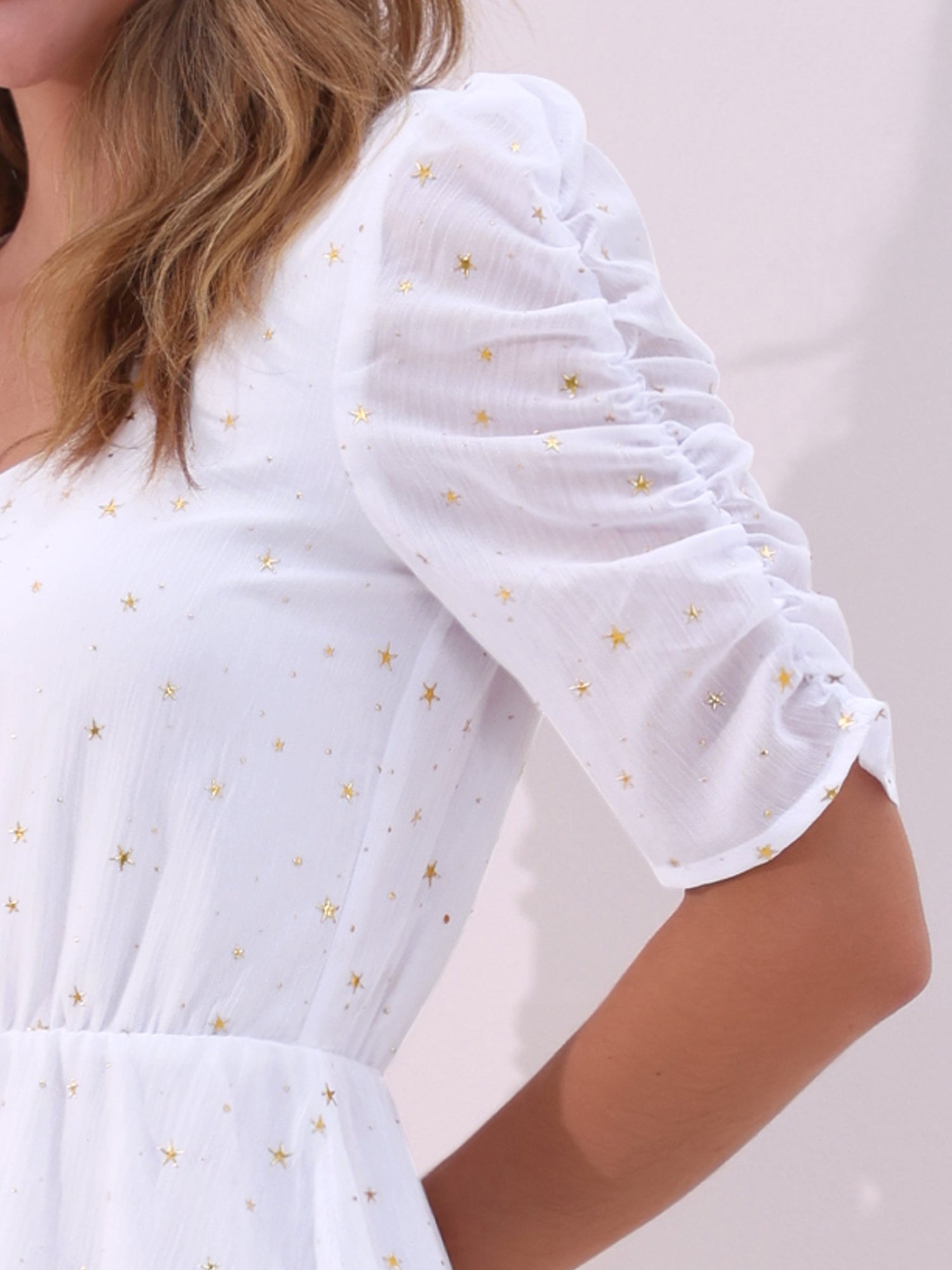 Metallic Stars Ruched Sleeve V Neck A-line Chiffon Dress