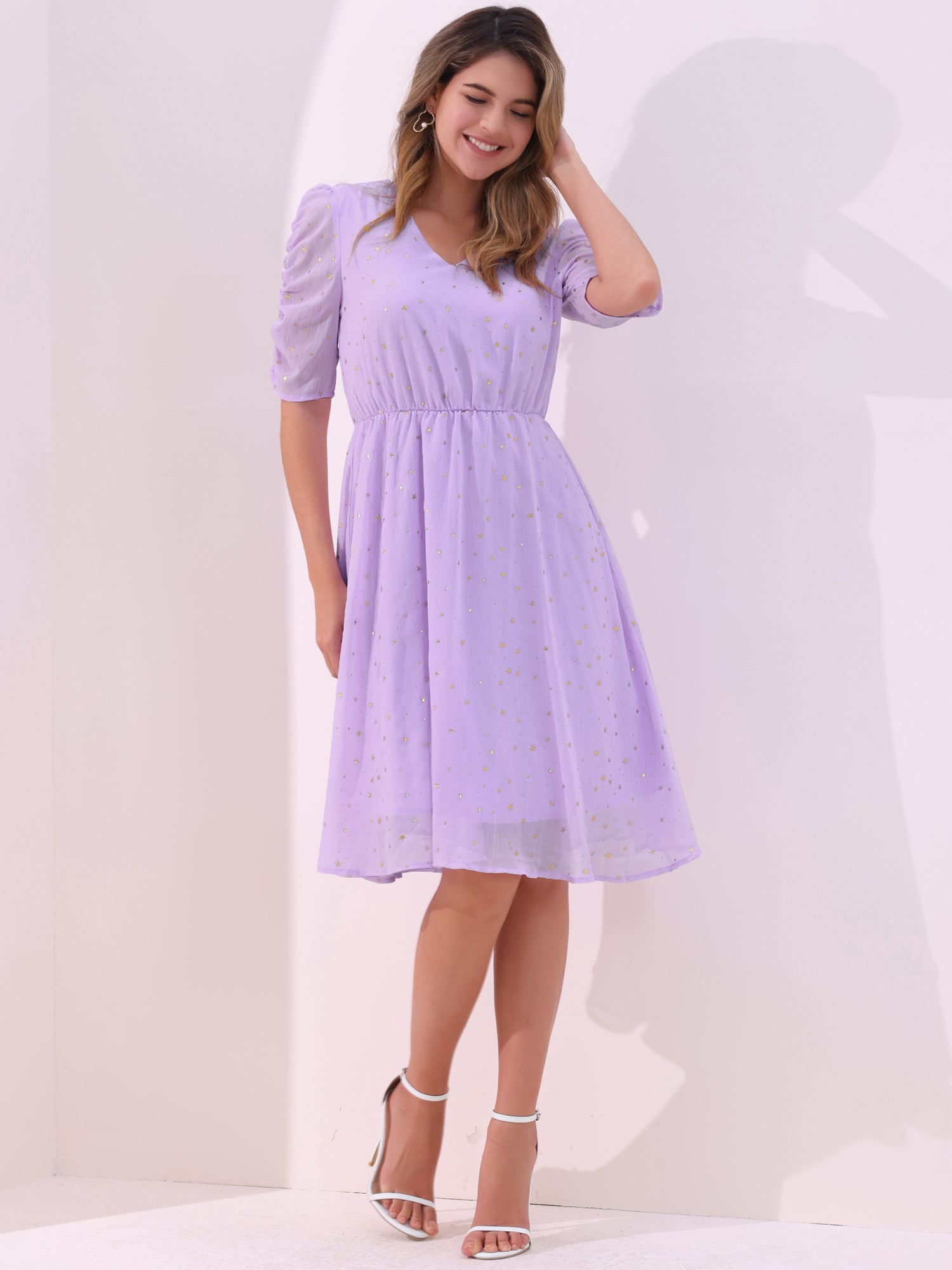 Metallic Stars Ruched Sleeve V Neck A-line Chiffon Dress