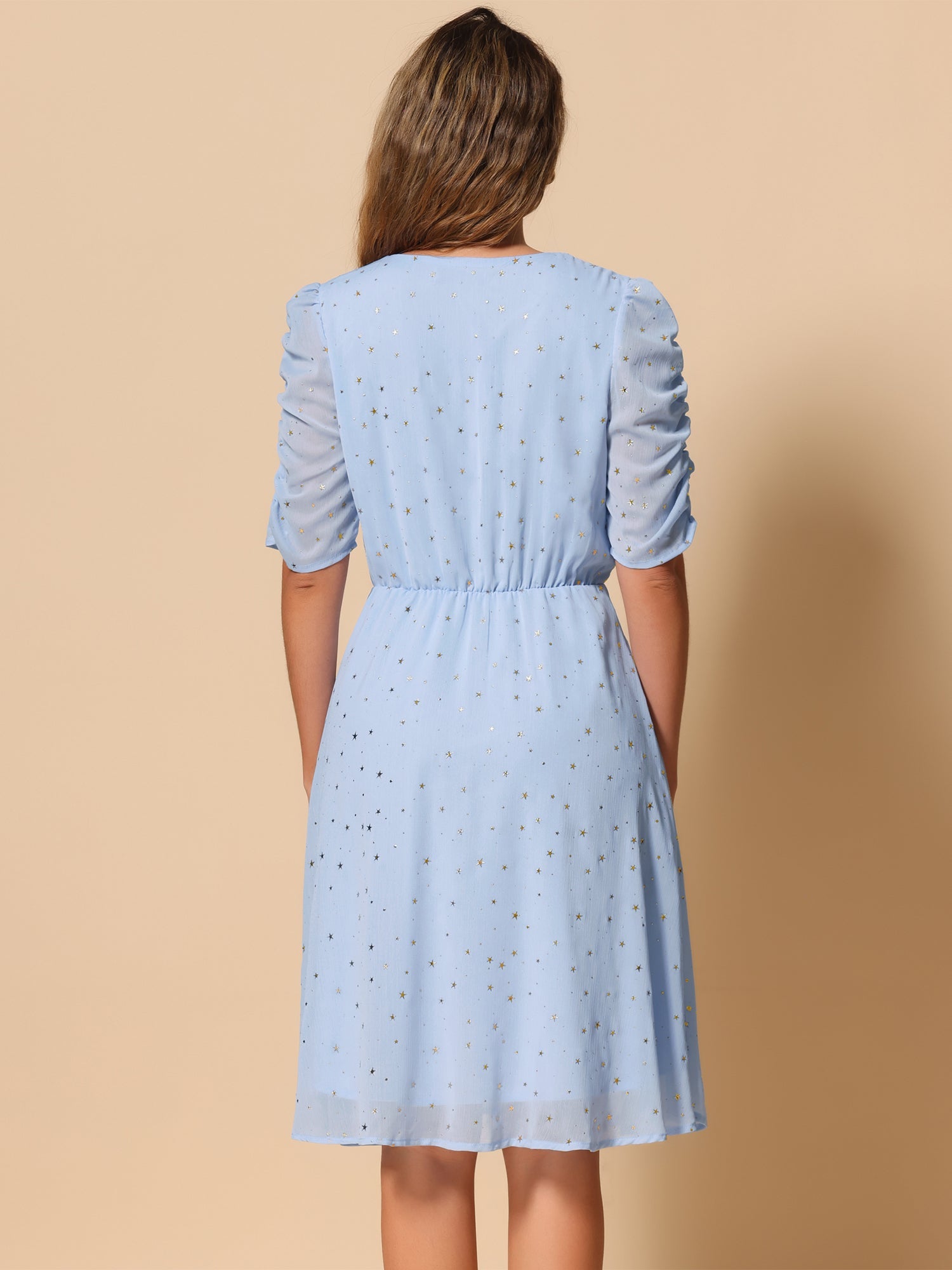 Metallic Stars Ruched Sleeve V Neck A-line Chiffon Dress