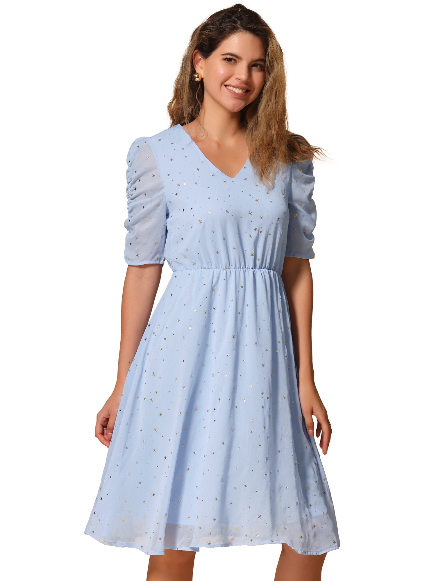 Metallic Stars Ruched Sleeve V Neck A-line Chiffon Dress