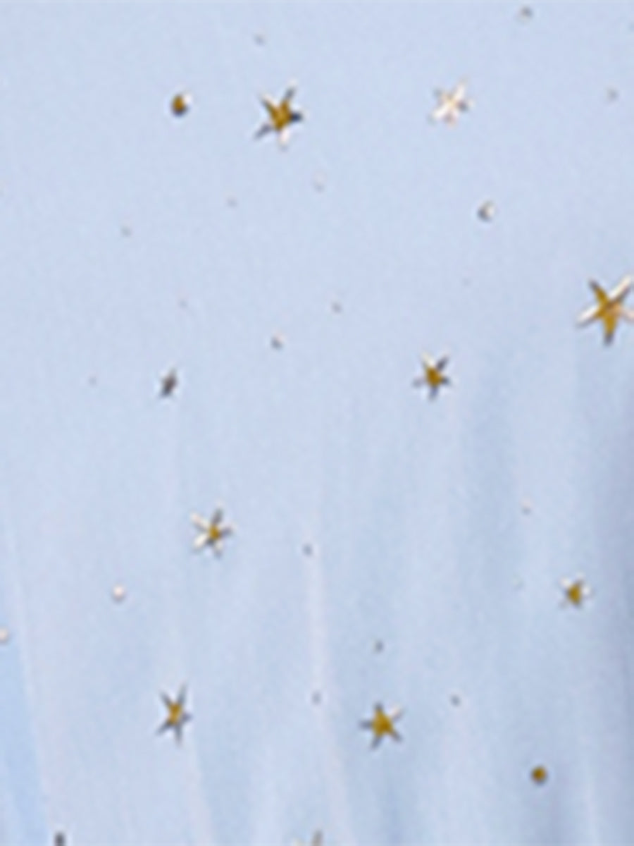 Metallic Stars Ruched Sleeve V Neck A-line Chiffon Dress