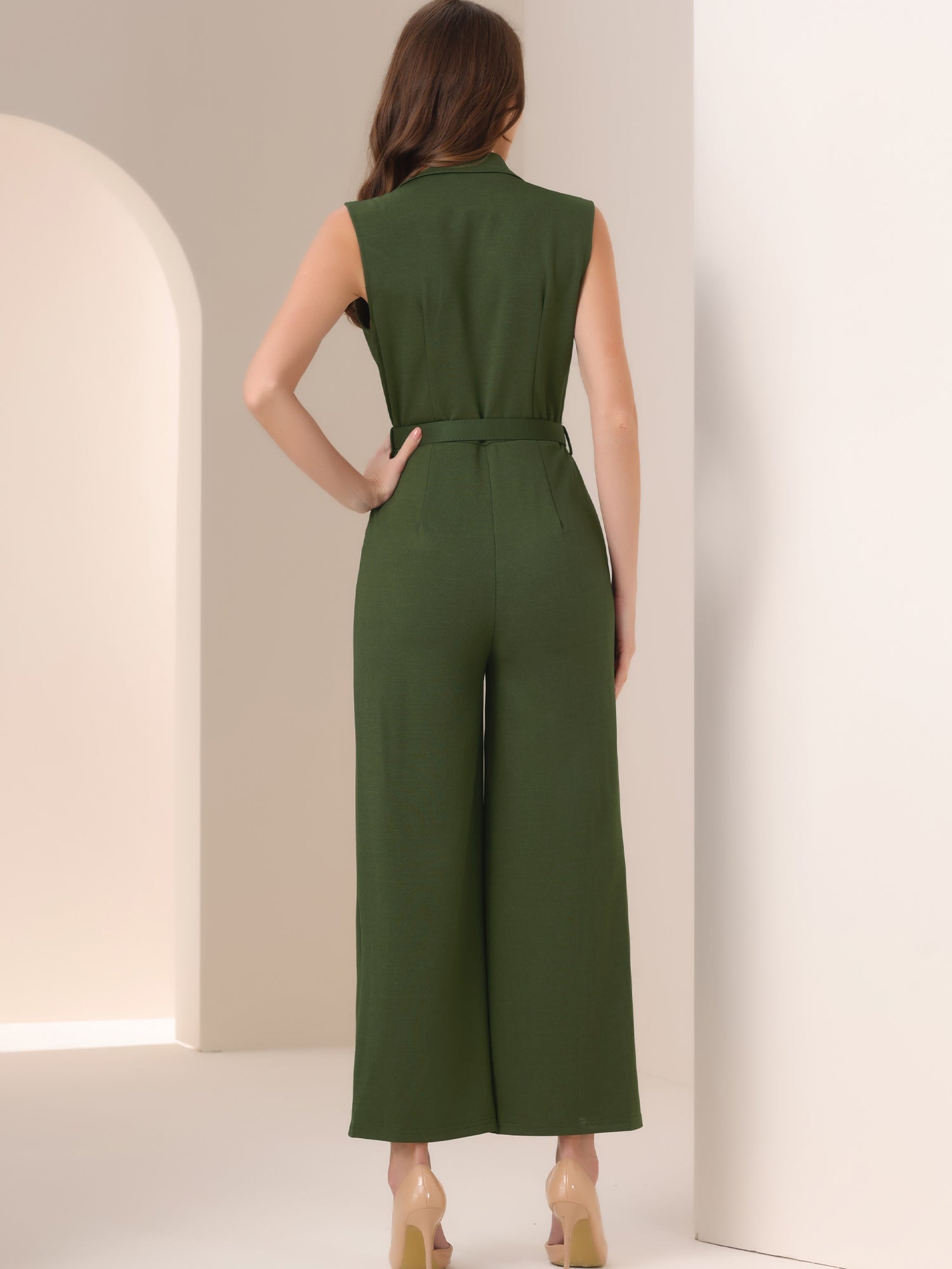 Sleeveless Button Front Closure Long Leg Pocket Belted Jumpsuits