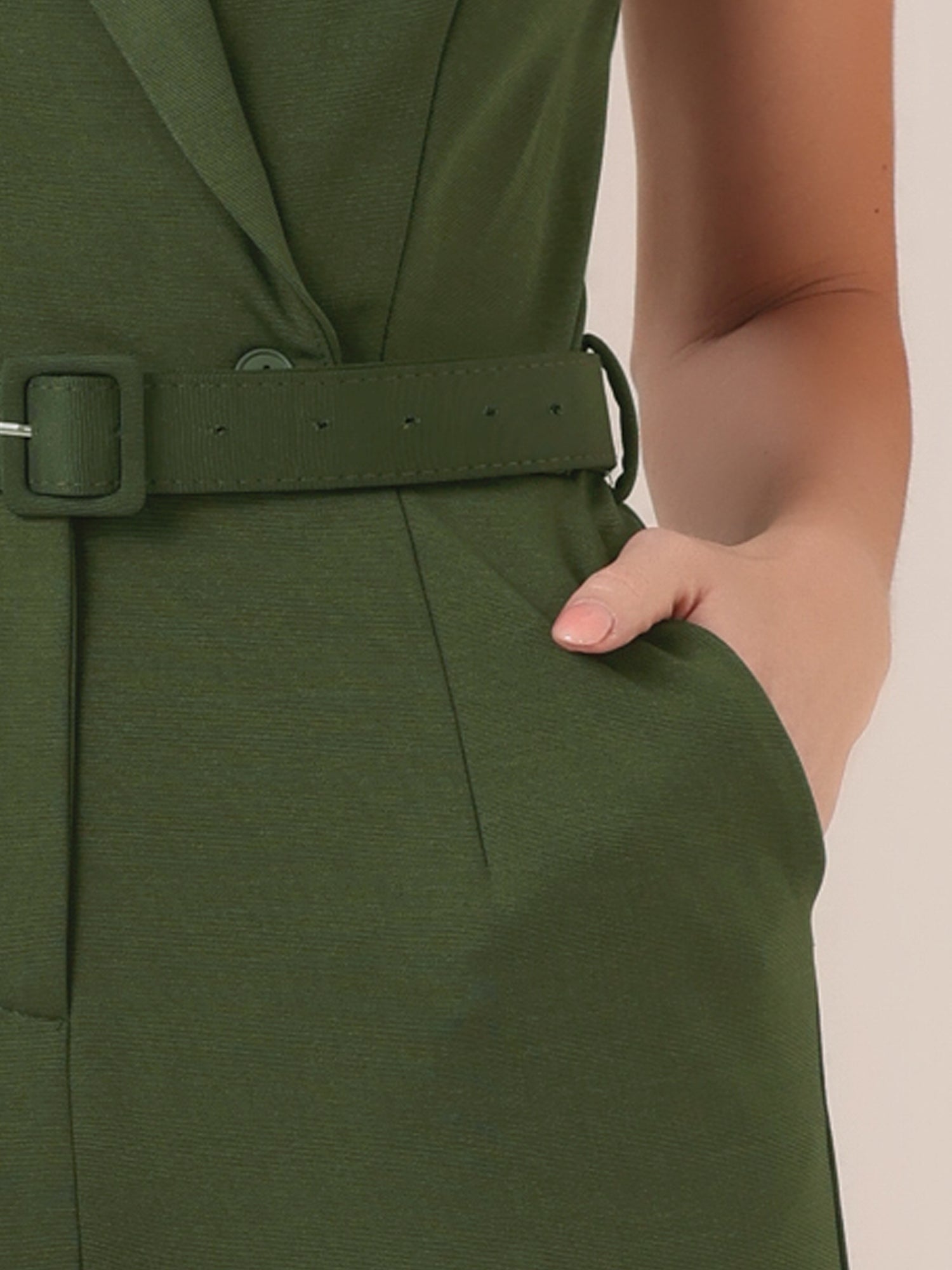 Sleeveless Button Front Closure Long Leg Pocket Belted Jumpsuits