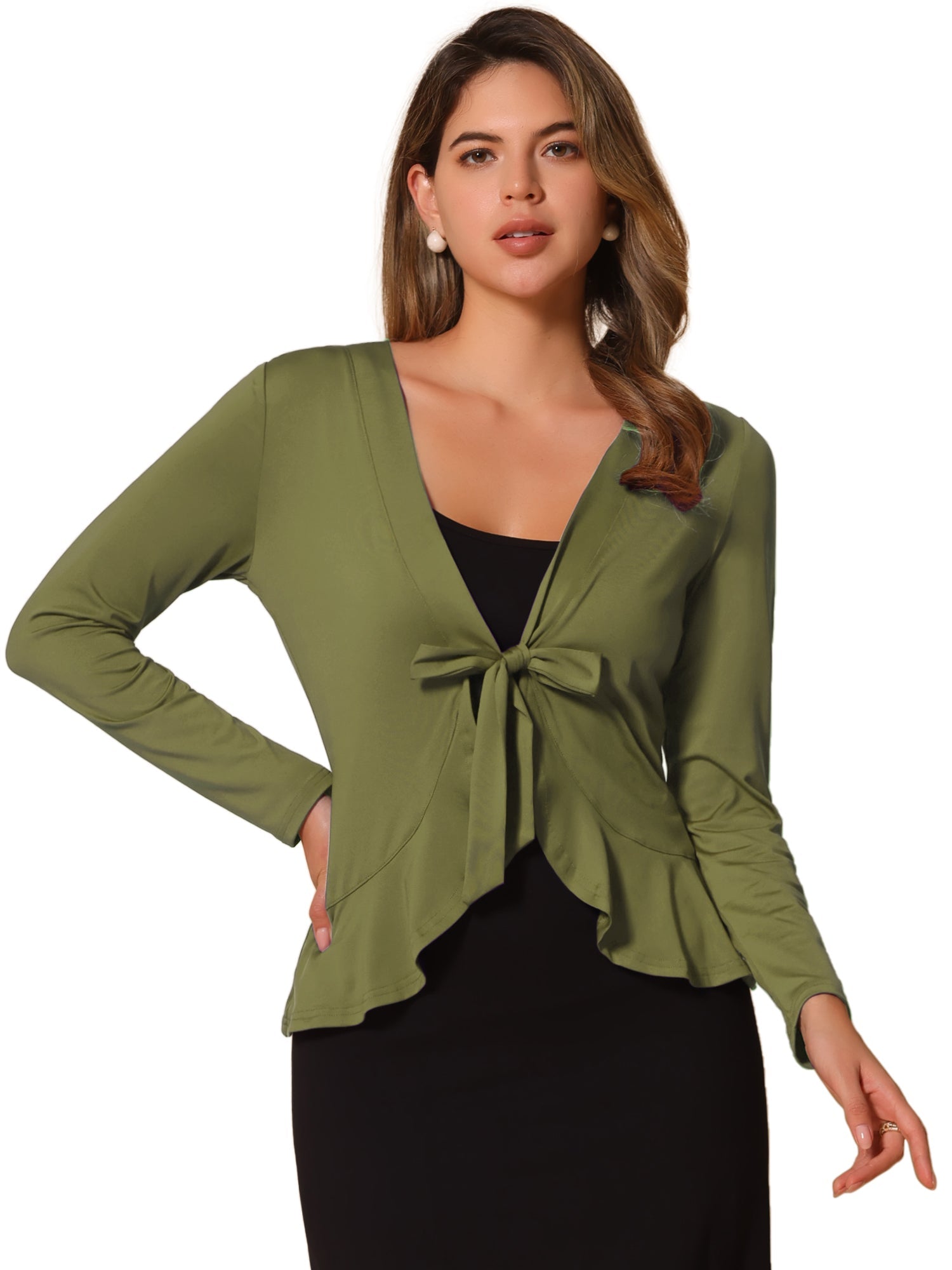 Women's Tie Front Knit Ruffled Long Sleeve Open Cardigan