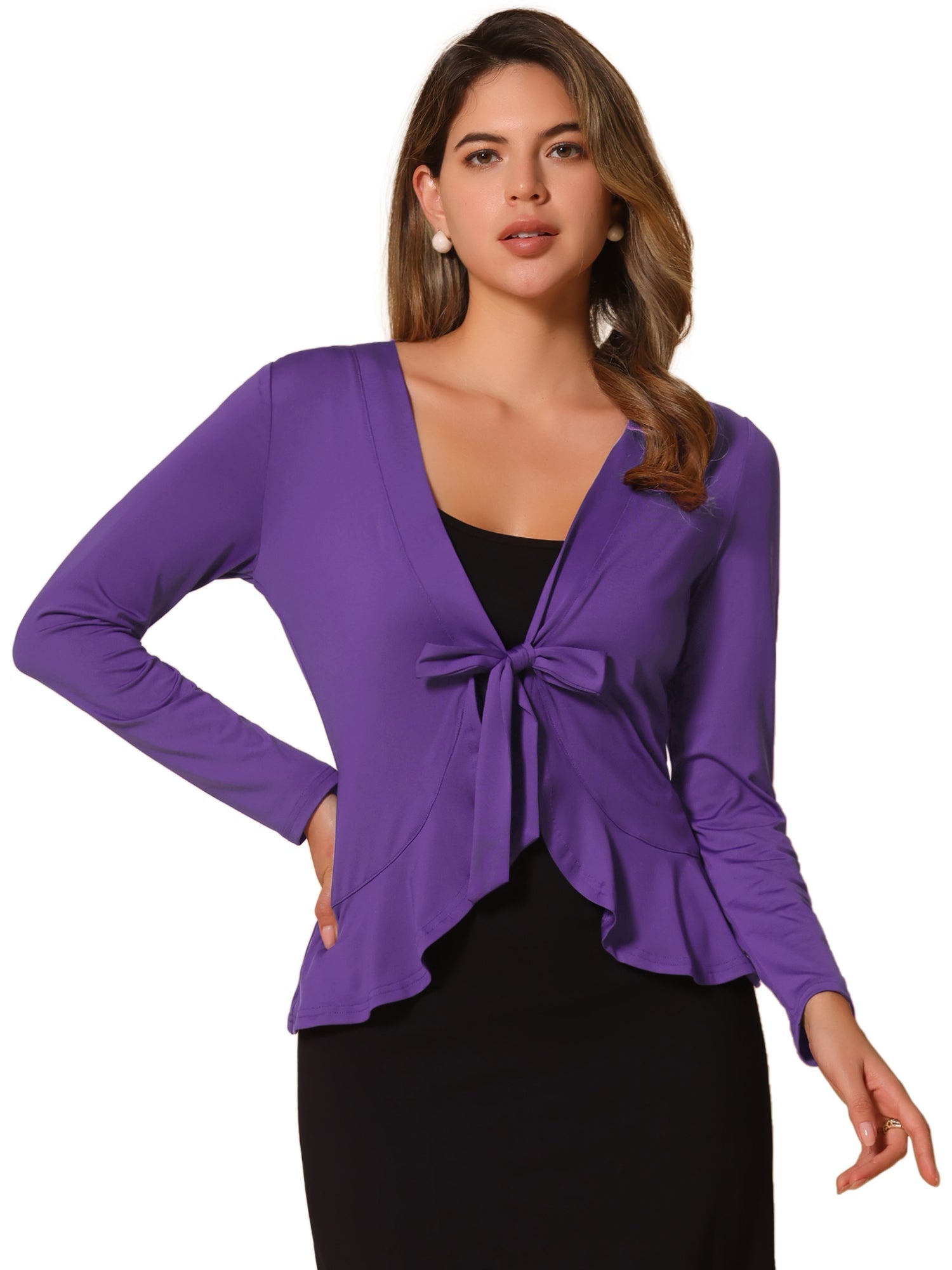 Women's Tie Front Knit Ruffled Long Sleeve Open Cardigan