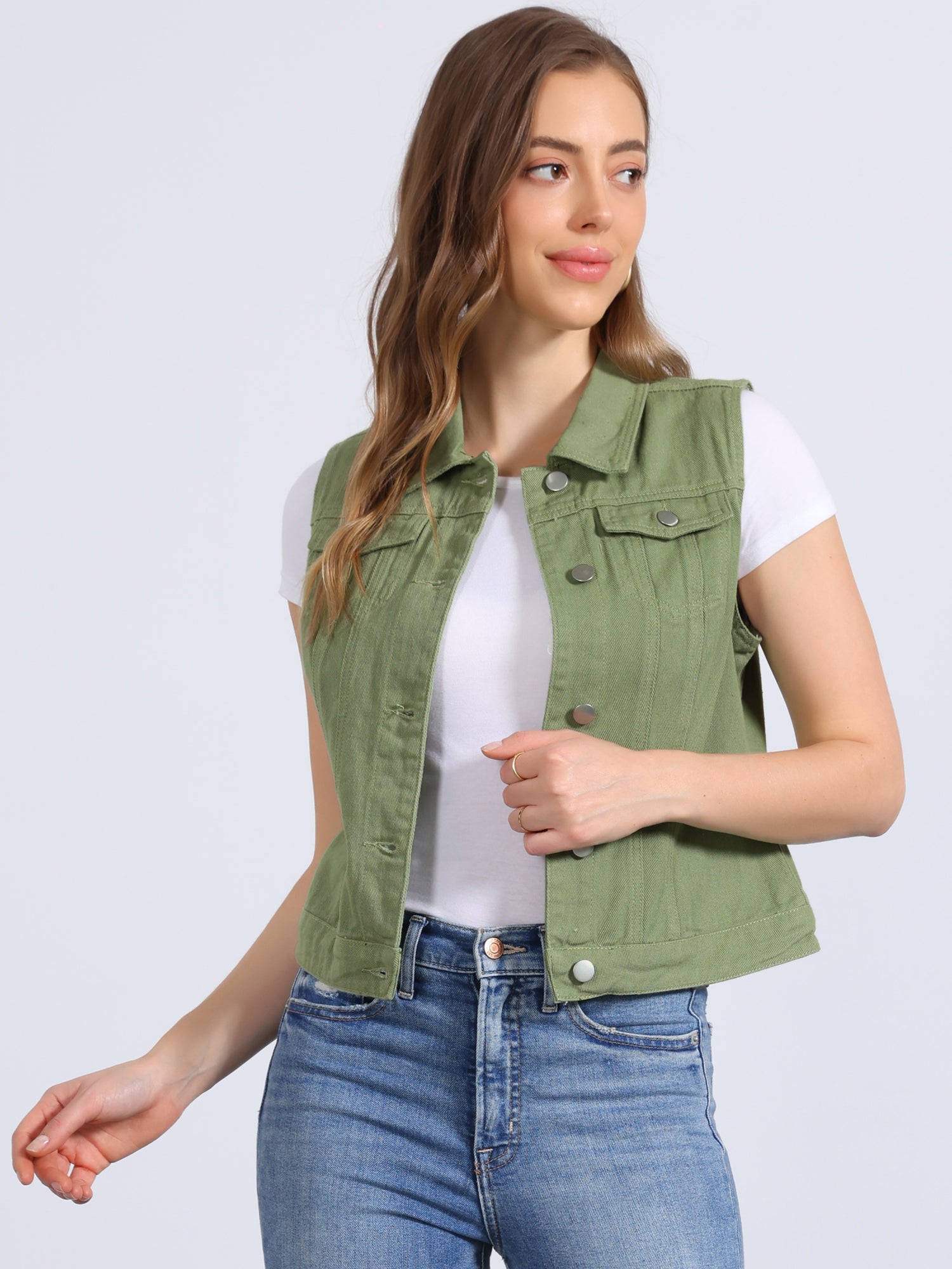 Buttoned Chest Flap Pocket Washed Denim Jacket Vest